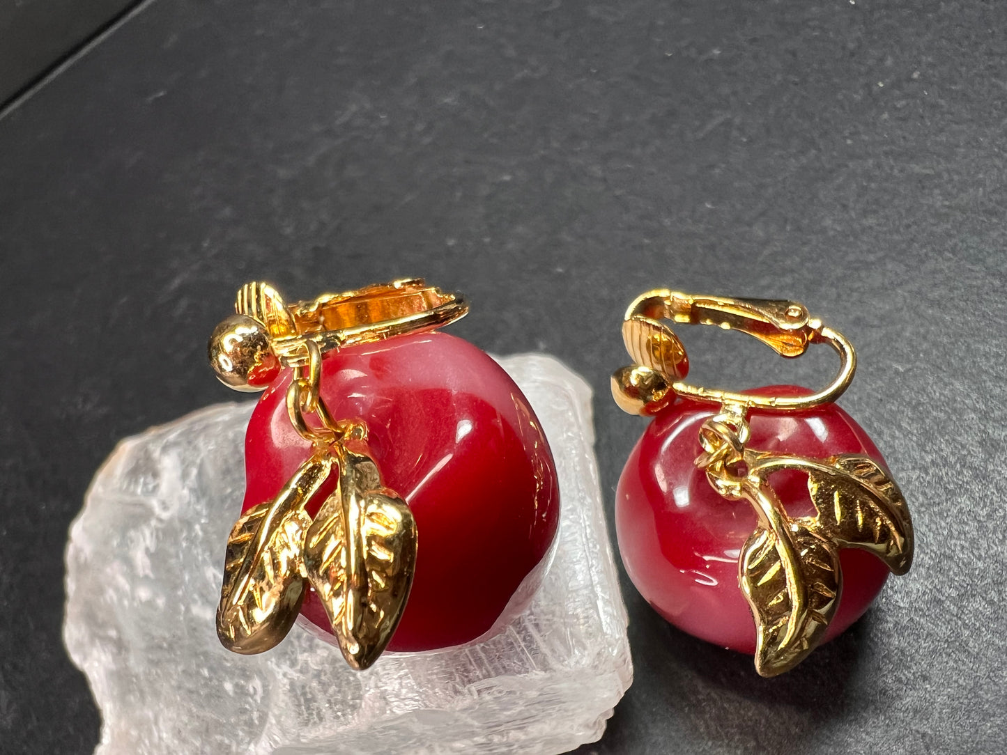 Avon "Apple A Day" Vintage Clip Earrings | Red Lucite Dangle Costume Jewelry