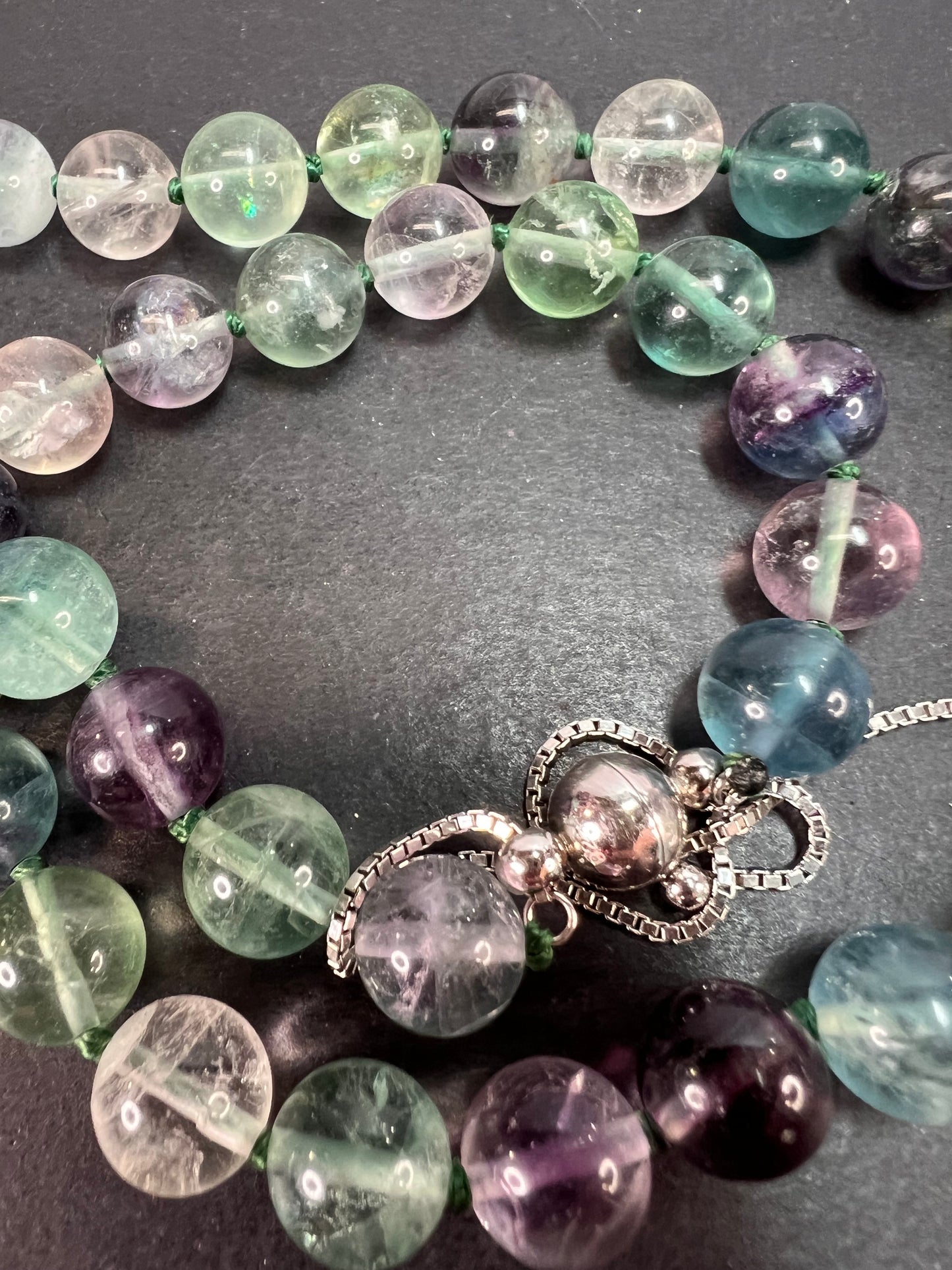 Fluorite knotted beaded bolo necklace with sterling silver magnetic clasp