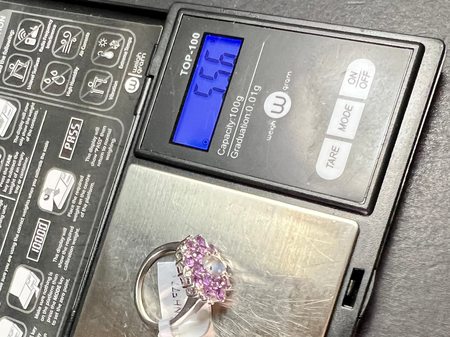 Rainbow Moonstone Amethyst White Topaz Sterling Ring Sz 9