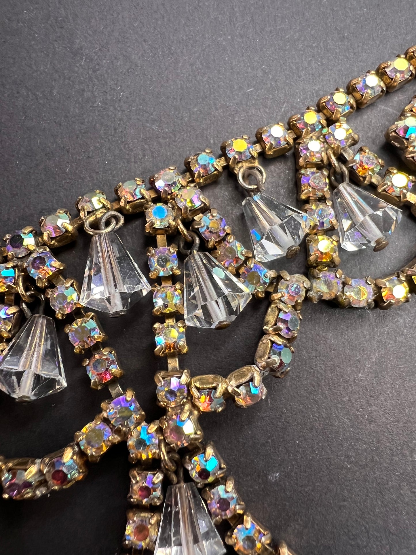 Vintage AB Rhinestone Bib Necklace Clear Glass Dangles Gold Tone