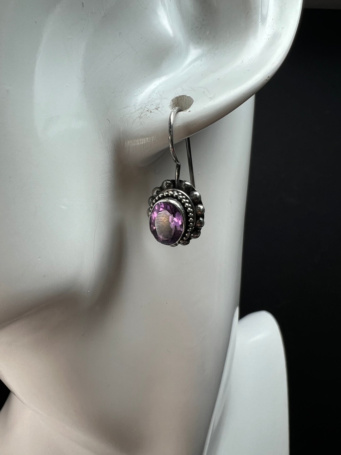 Vintage Balinese Sterling Silver Amethyst Drop Earrings Beaded Halo