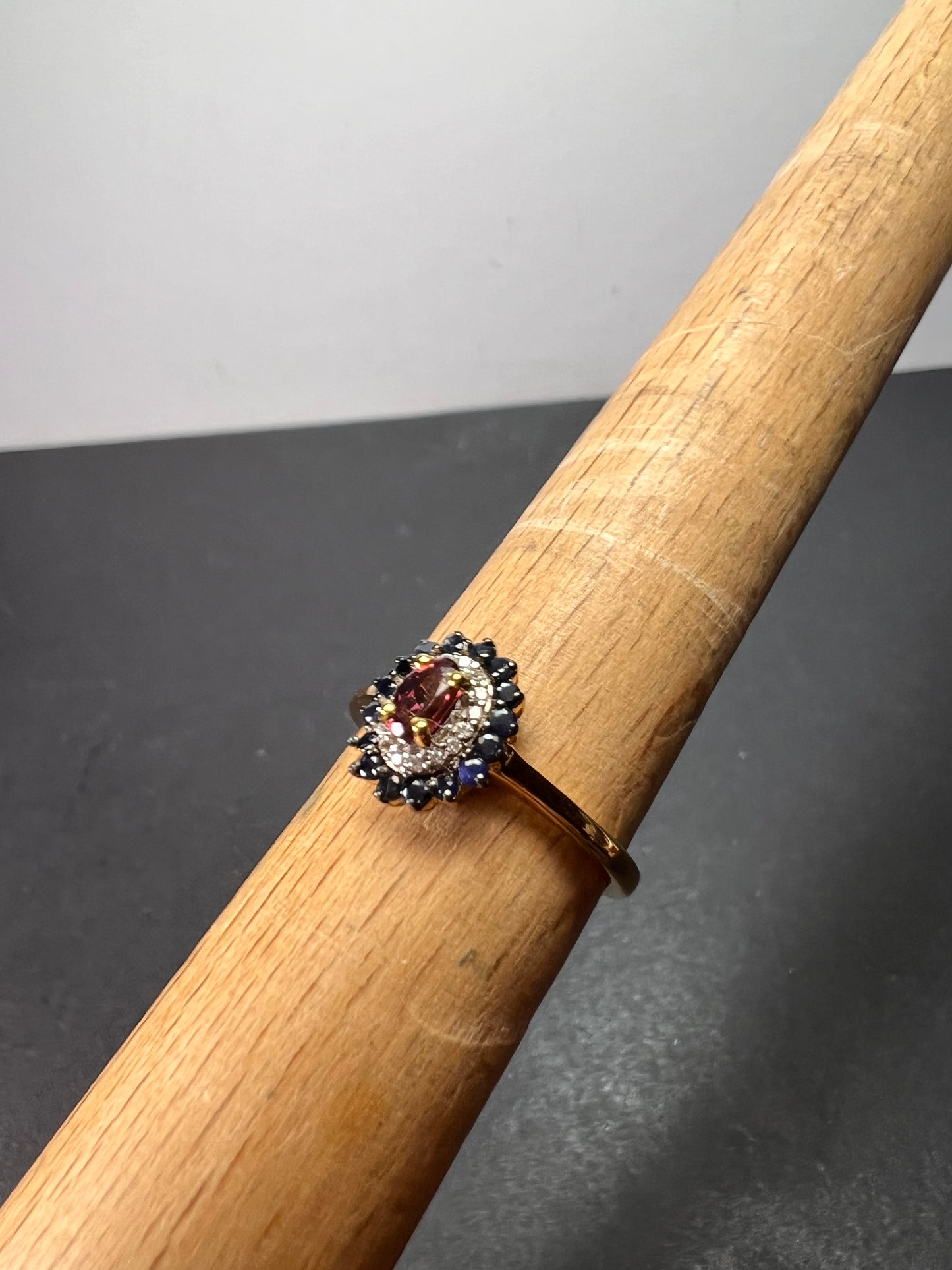 Ofiki rubellite and blue sapphire double halo ring in vermeil yellow gold over sterling silver size 8