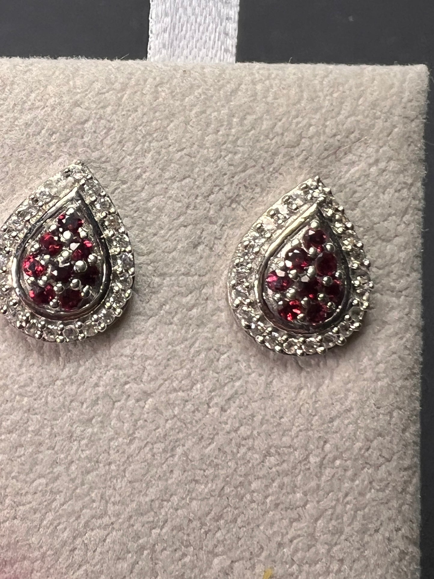 Red garnet and white topaz teardrop sterling silver post halo earrings