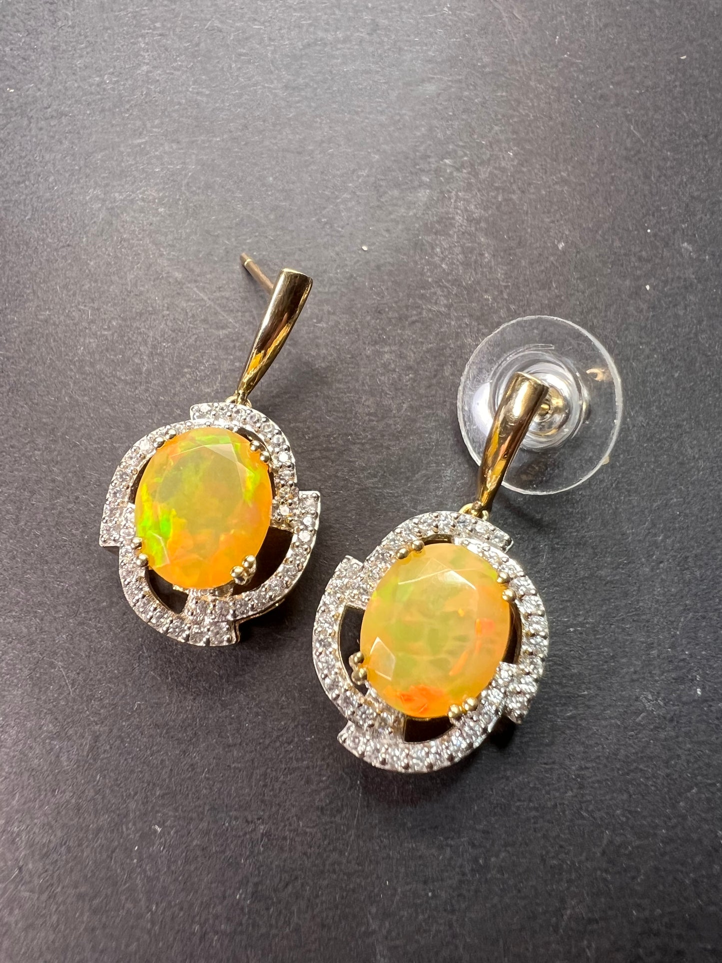 10k gold Ethiopian opal and white zircon earrings