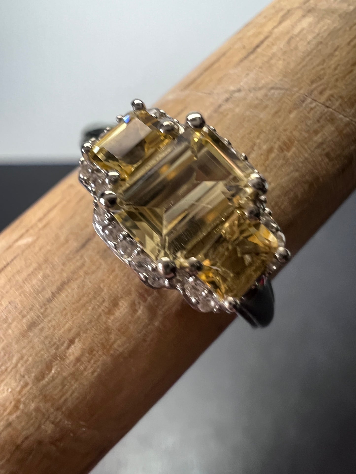 Citrine triple baguette halo ring in sterling silver size 7