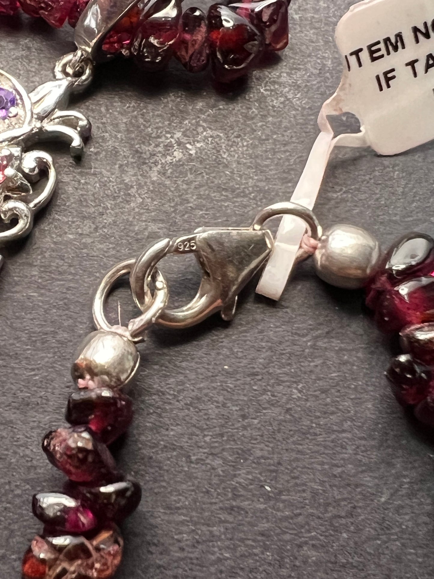 Norwegian Thulite and garnet chip necklace with sterling silver pendant and clasp