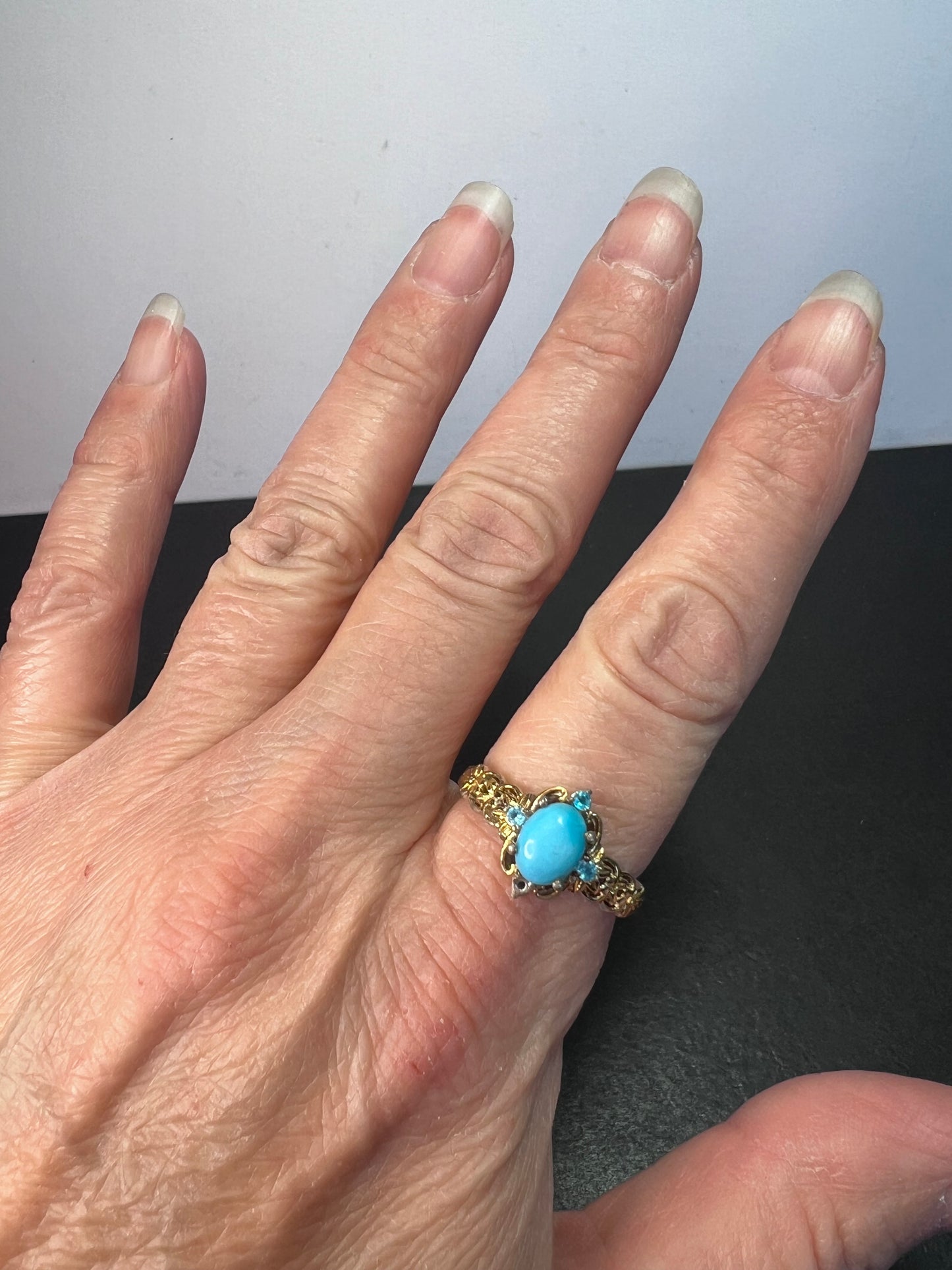 Vintage style turquoise and neon apatite two toned ring size 9