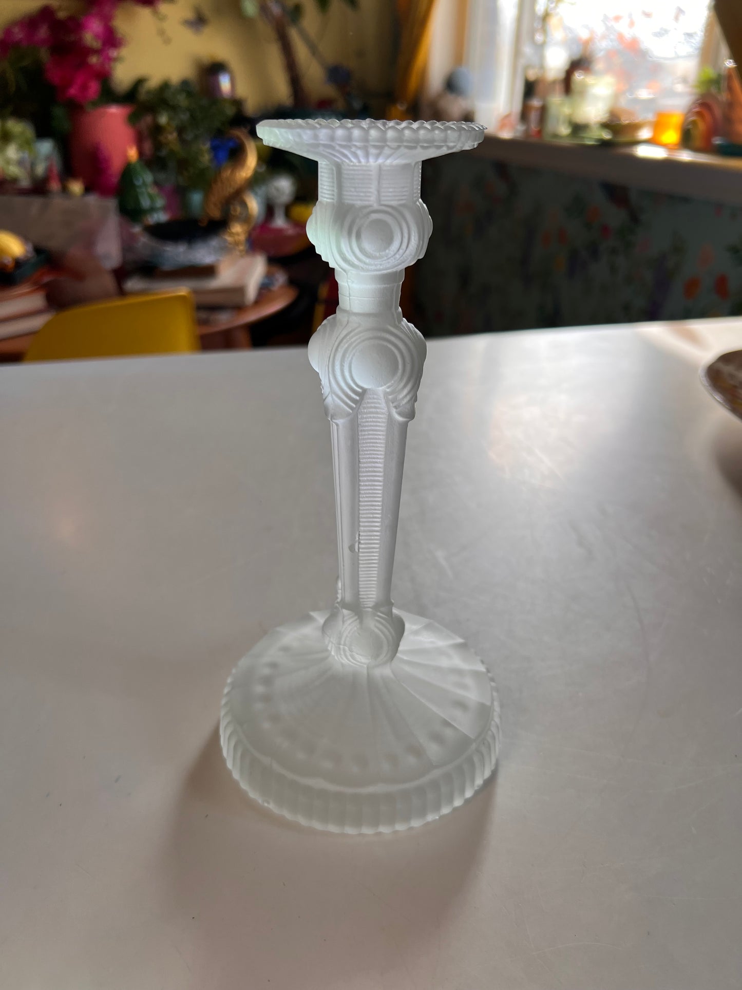 Vintage Frosted Glass Candlestick | Lalique Style Art Deco Taper Holder 6.75"
