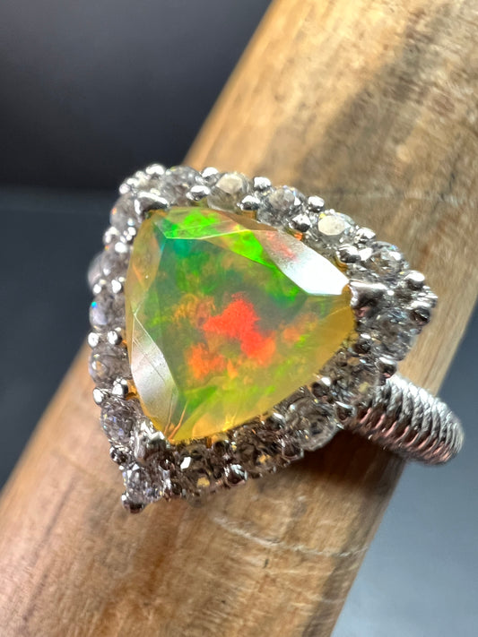 Ethiopian Opal Halo Ring Sterling Silver Size 7 Trillion Cut