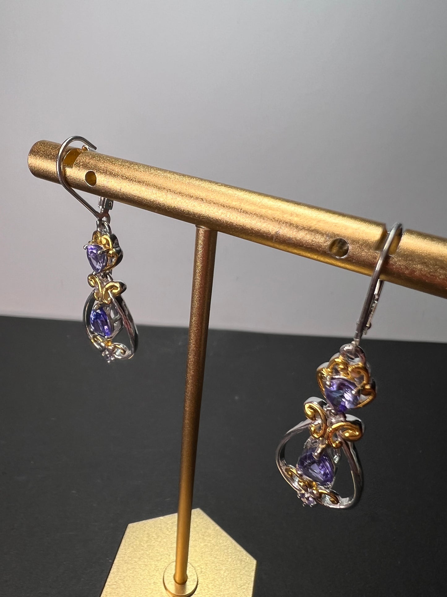 Blue tanzanite two toned sterling silver chandelier lever back earrings