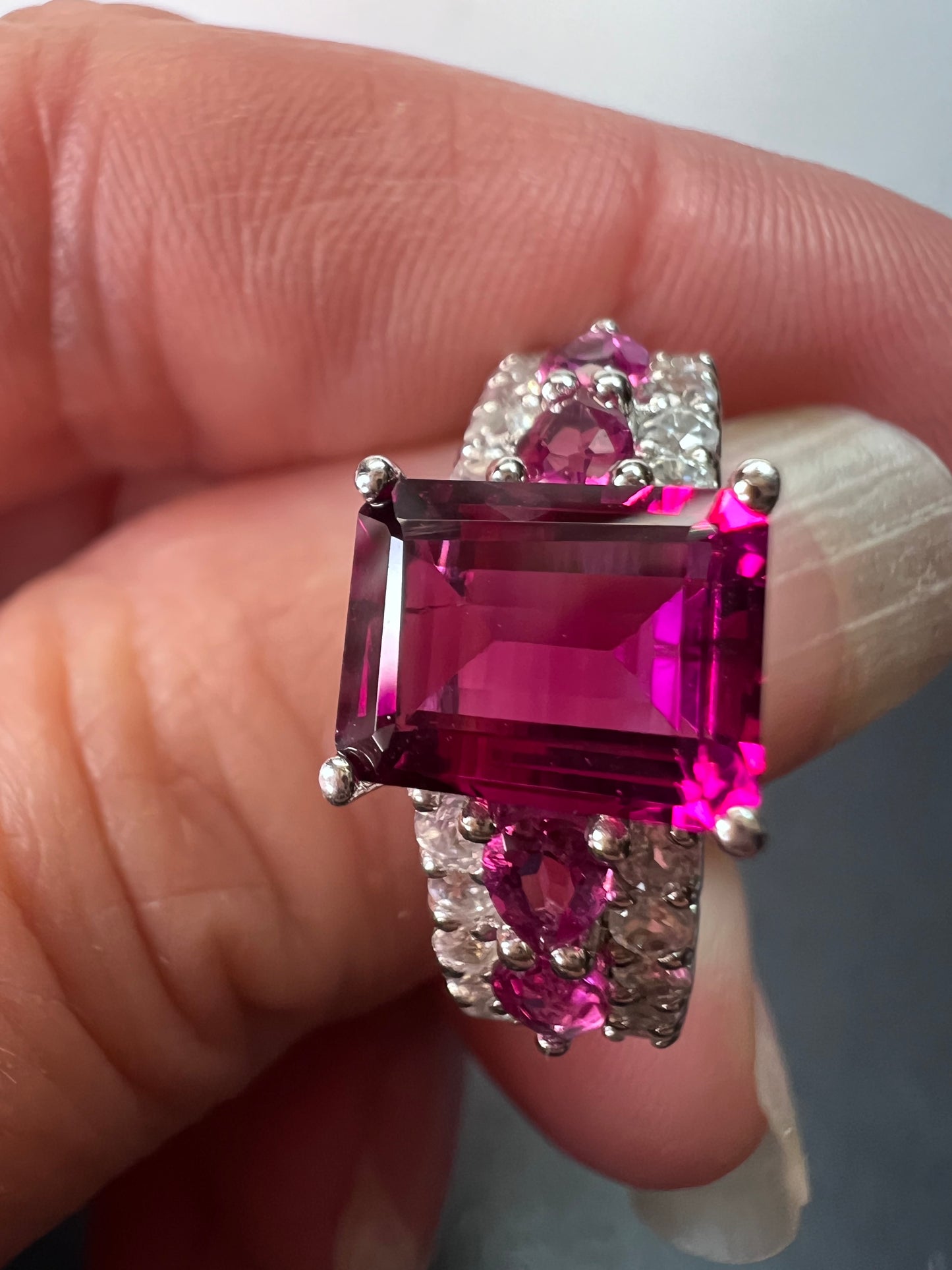 Lab pink tourmaline and white topaz statement ring size 8