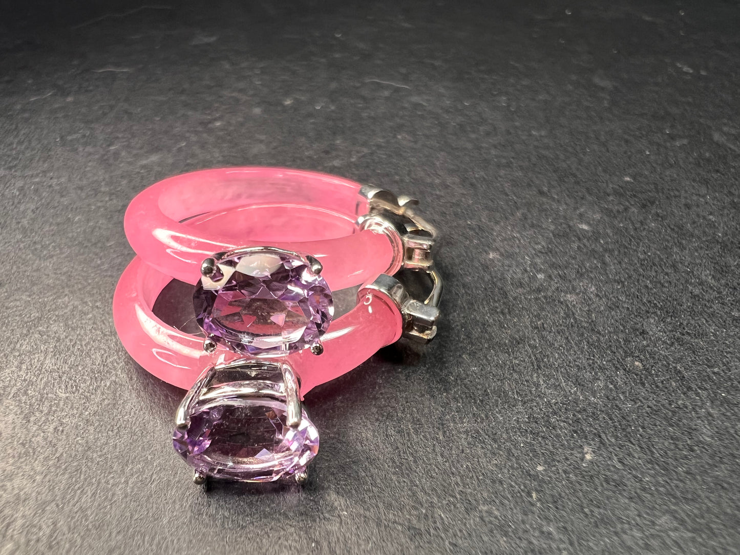 NEW Pink Jade and rose de France amethyst hoop earrings in rhodium over sterling silver