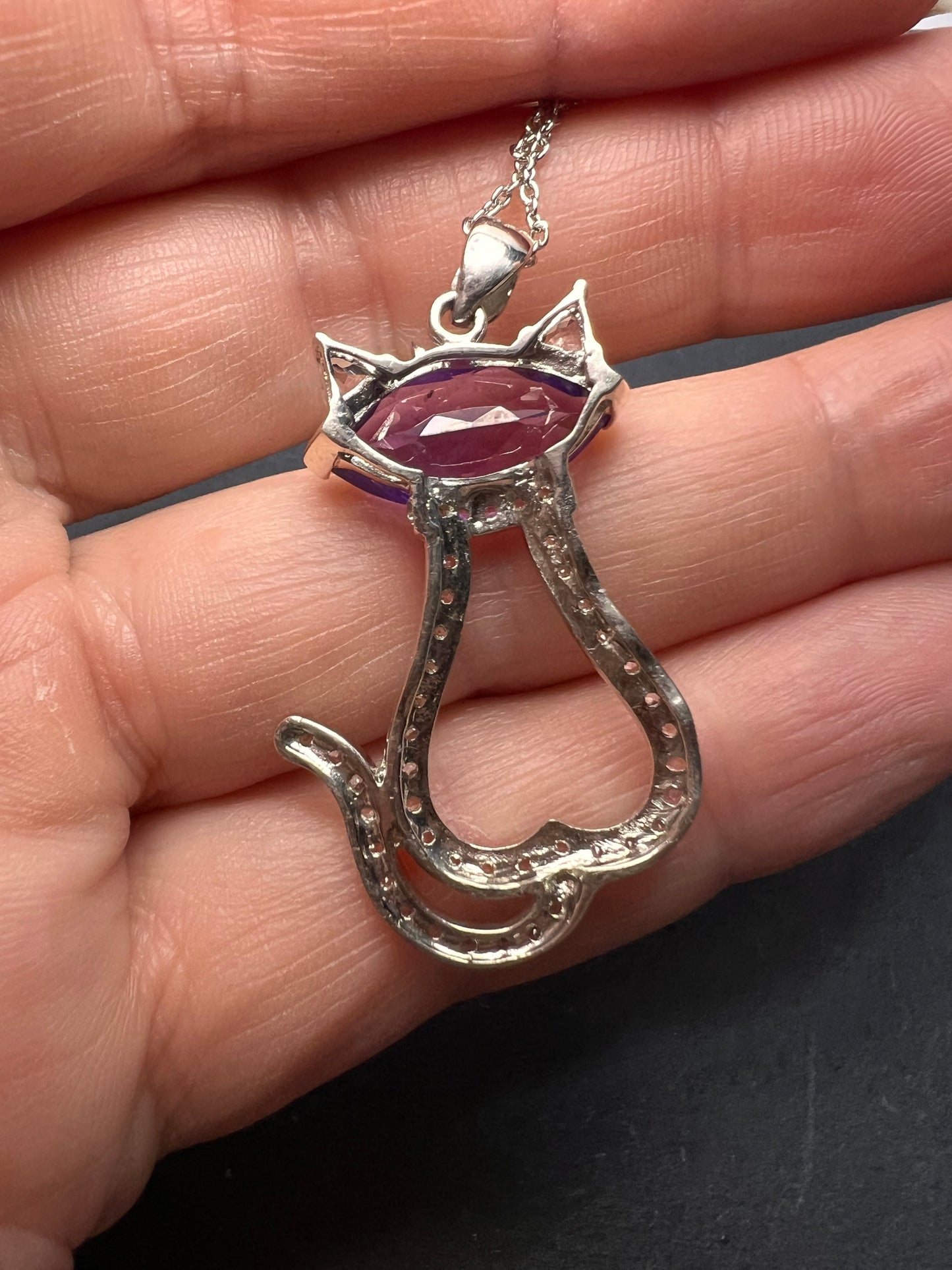 Purple Amethyst white topaz Rhodium Over Silver Cat Pendant Chain 3.40ctw