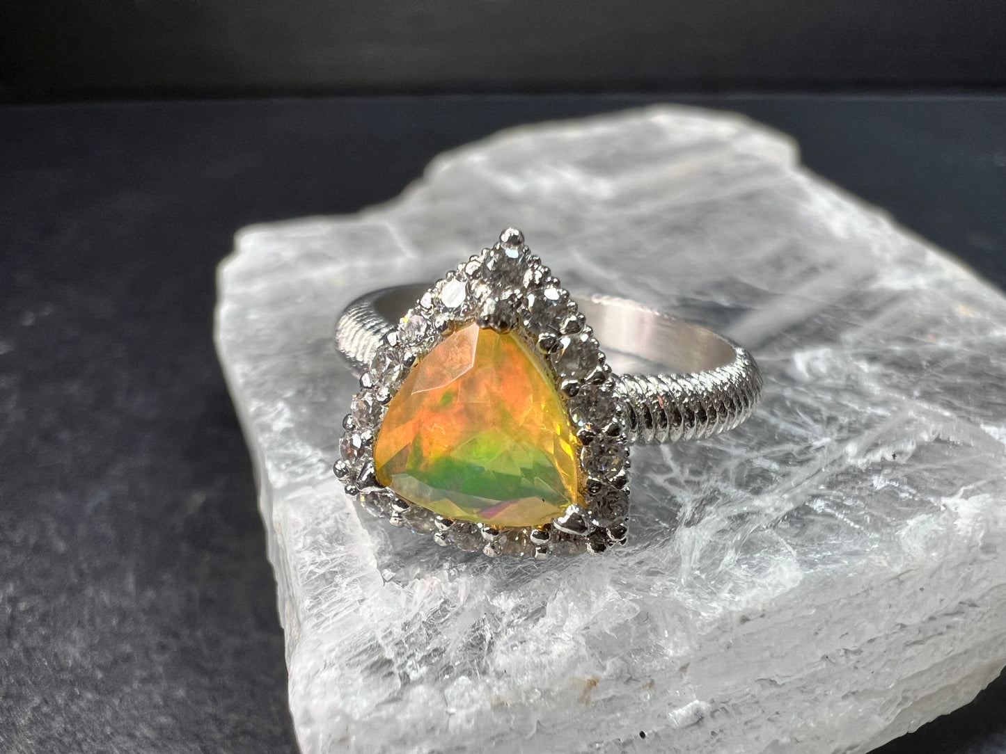 Ethiopian Opal Halo Ring Sterling Silver Size 7 Trillion Cut