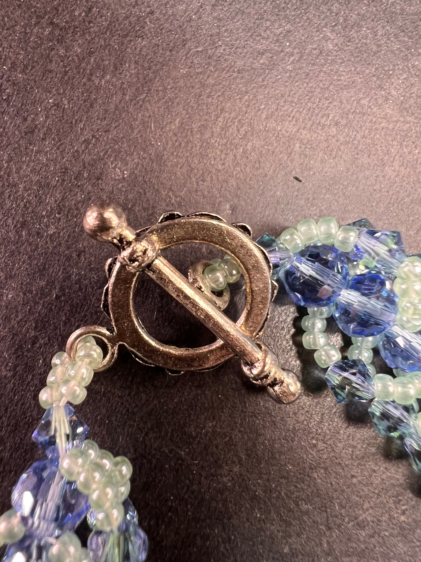 Vintage Blue & Green Crystal Beaded Chevron Braid Toggle Bracelet Y2K