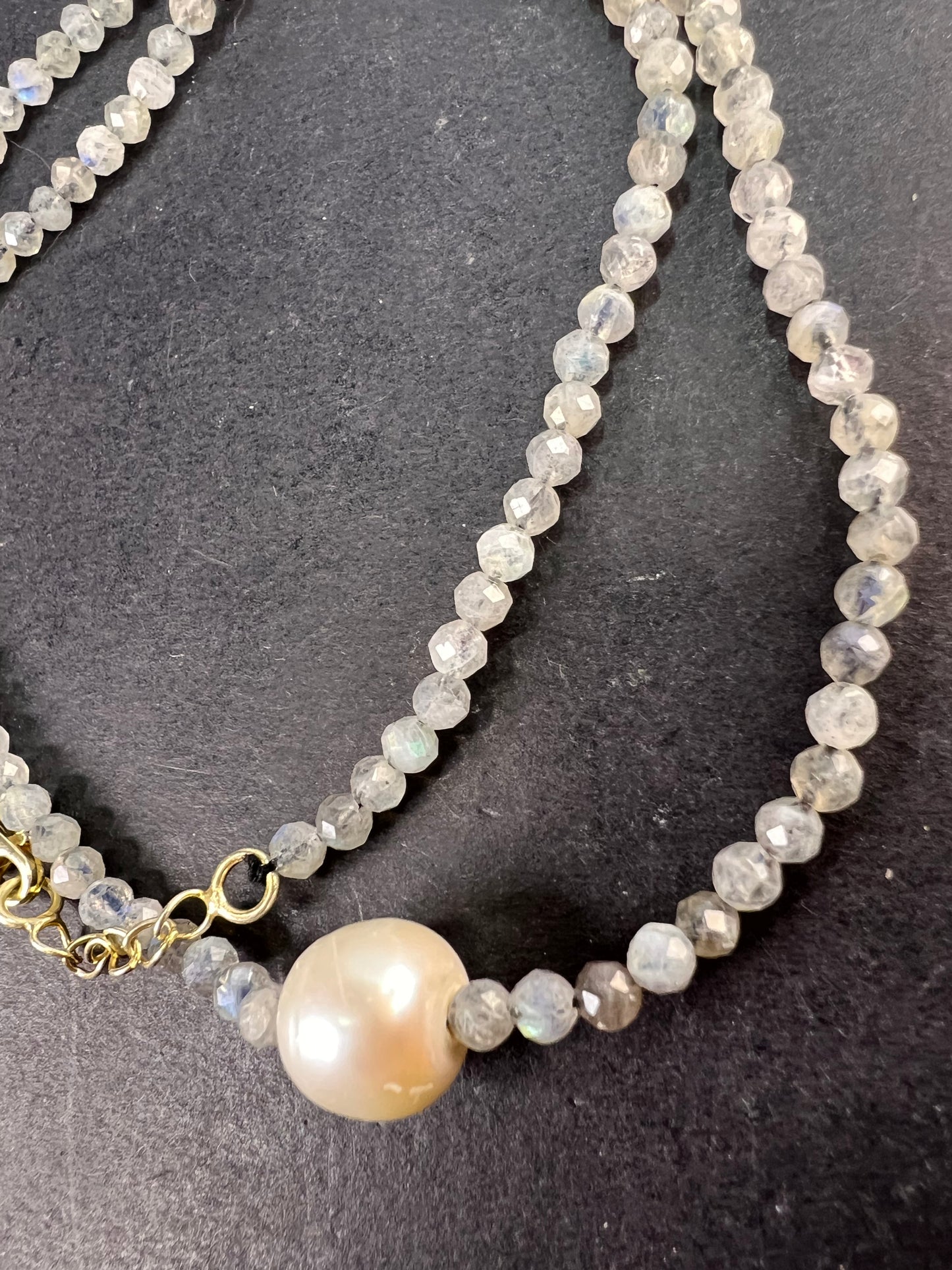 Labradorite and cultured pearl necklace with sterling silver lobster claw clasp