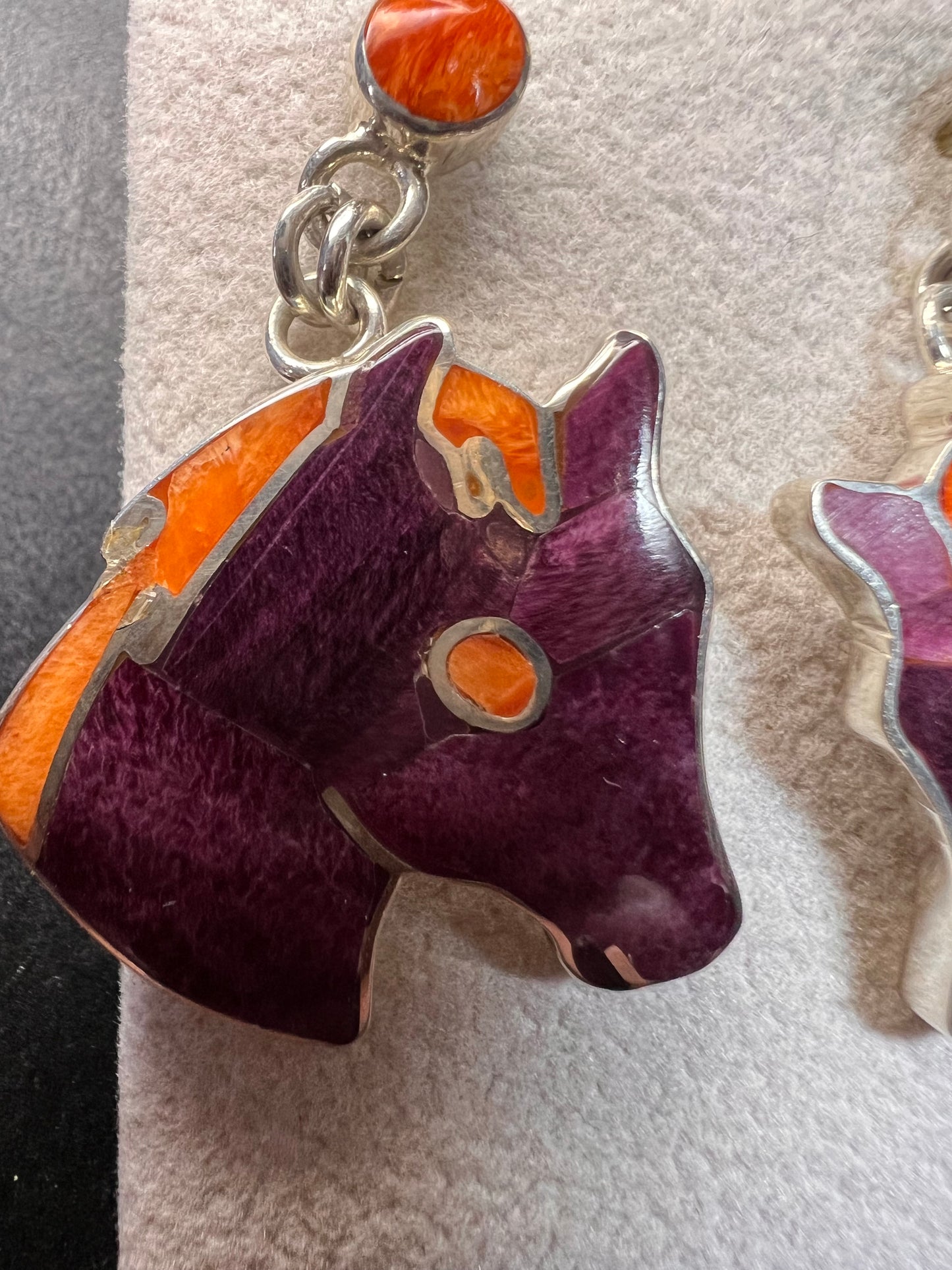 NEW Peruvian spiny oyster sterling silver horse head earrings