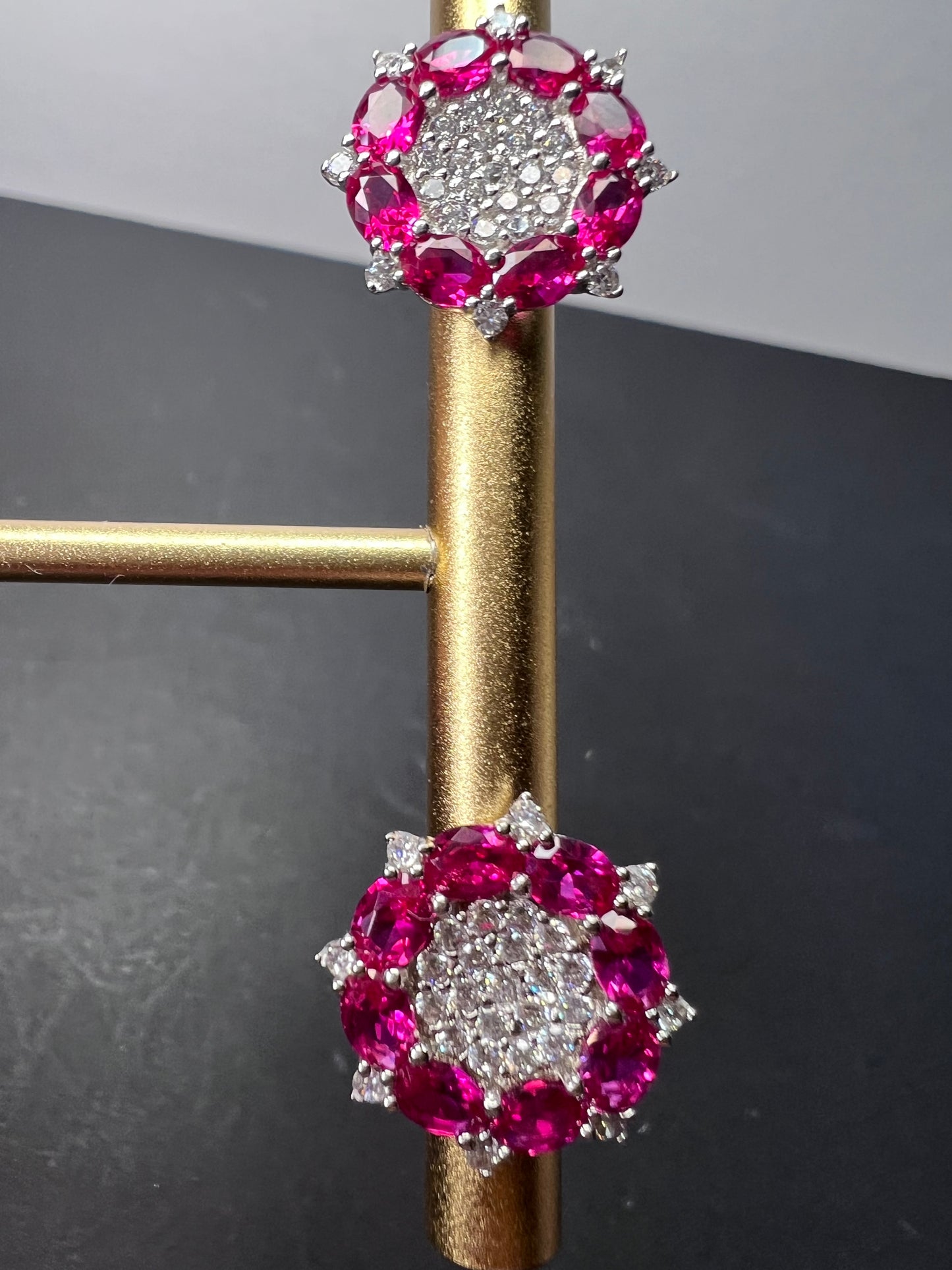 Lab pink sapphire and zircon flower sterling silver earrings