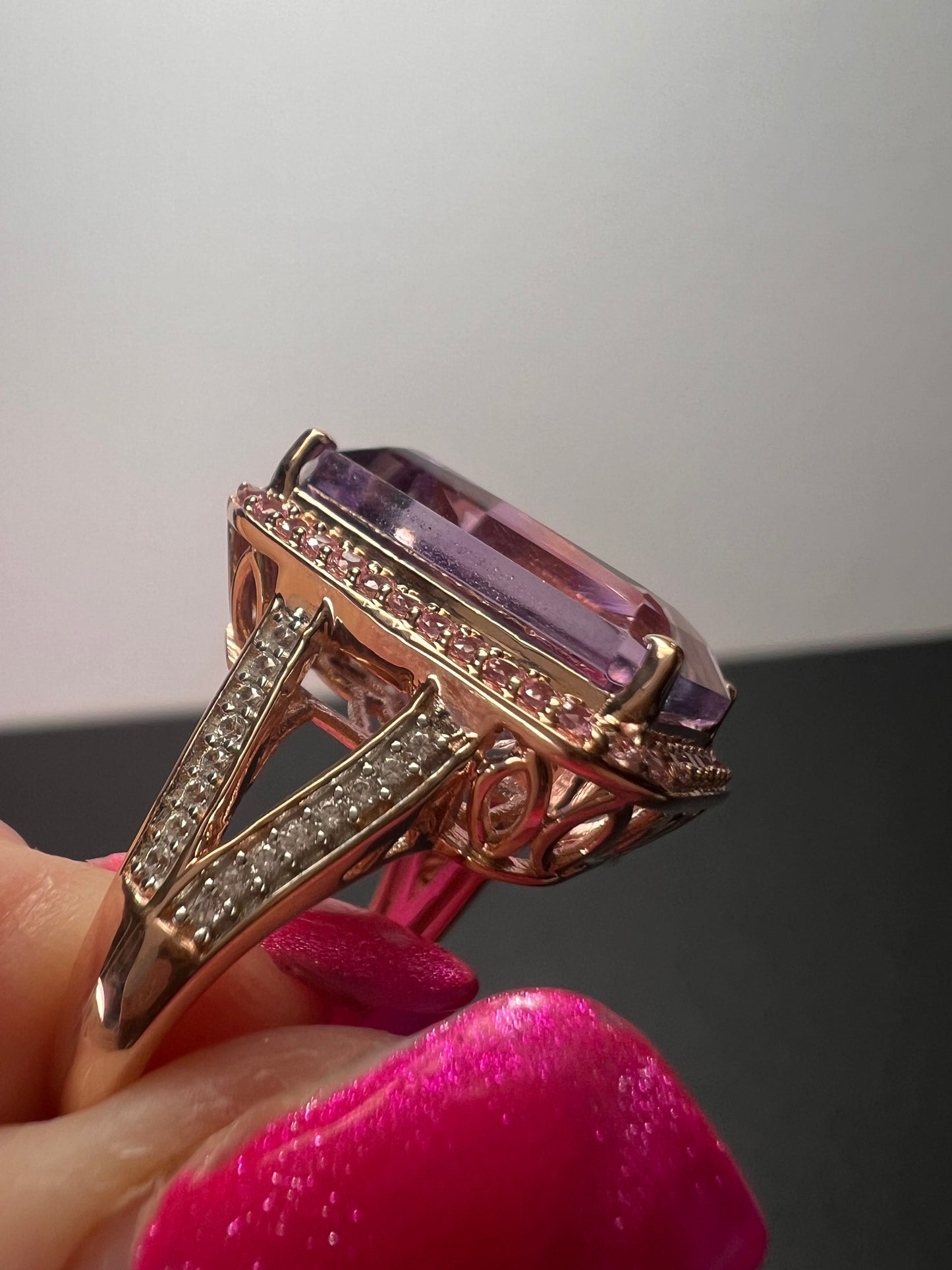 Radiant cut rose de France amethyst and pink sapphire halo ring in rose gold vermeil over sterling silver size 8 *NEW*