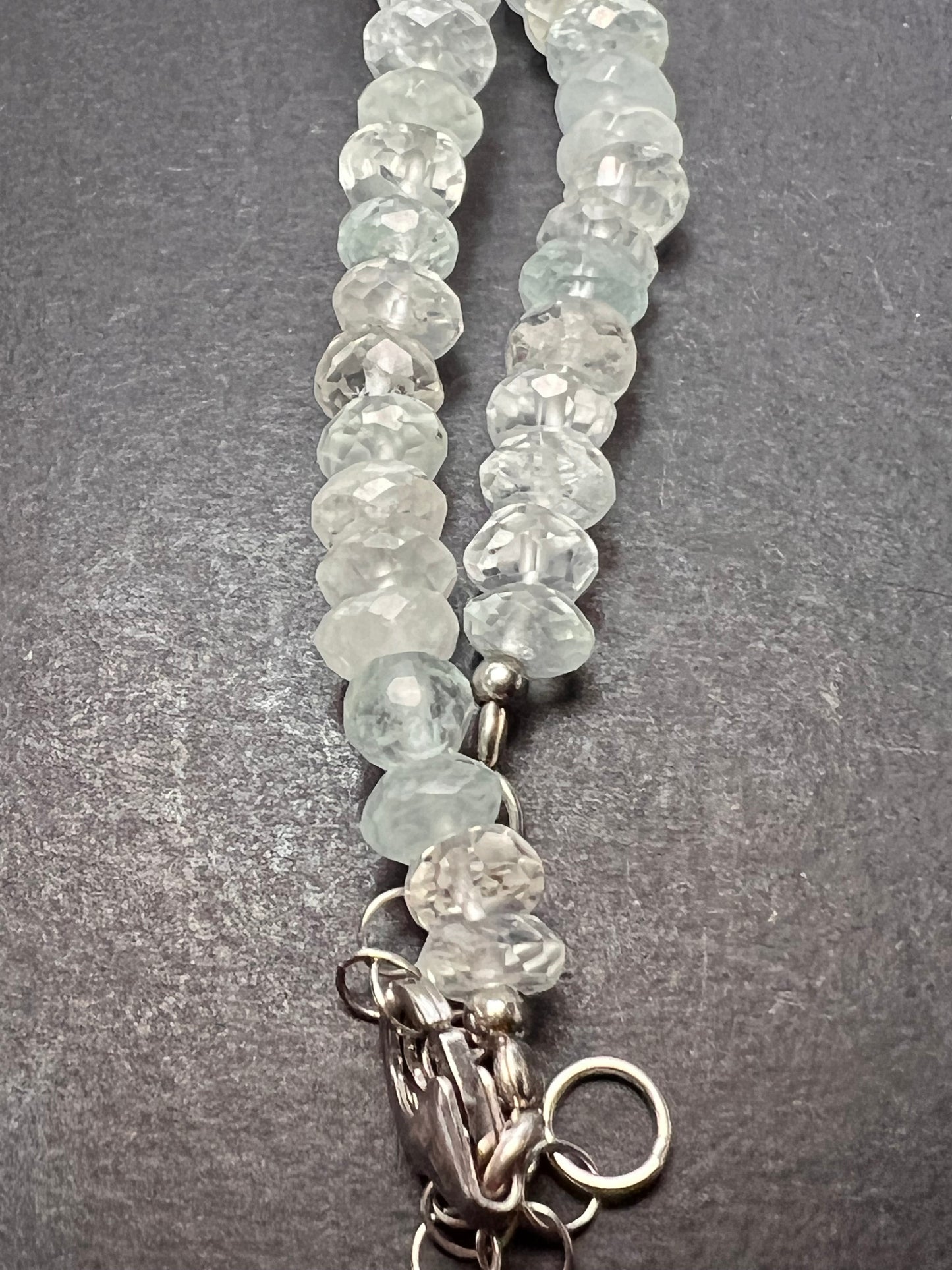 Natural aquamarine faceted rondelle graduated 20 inch necklace with platinum over sterling clasp