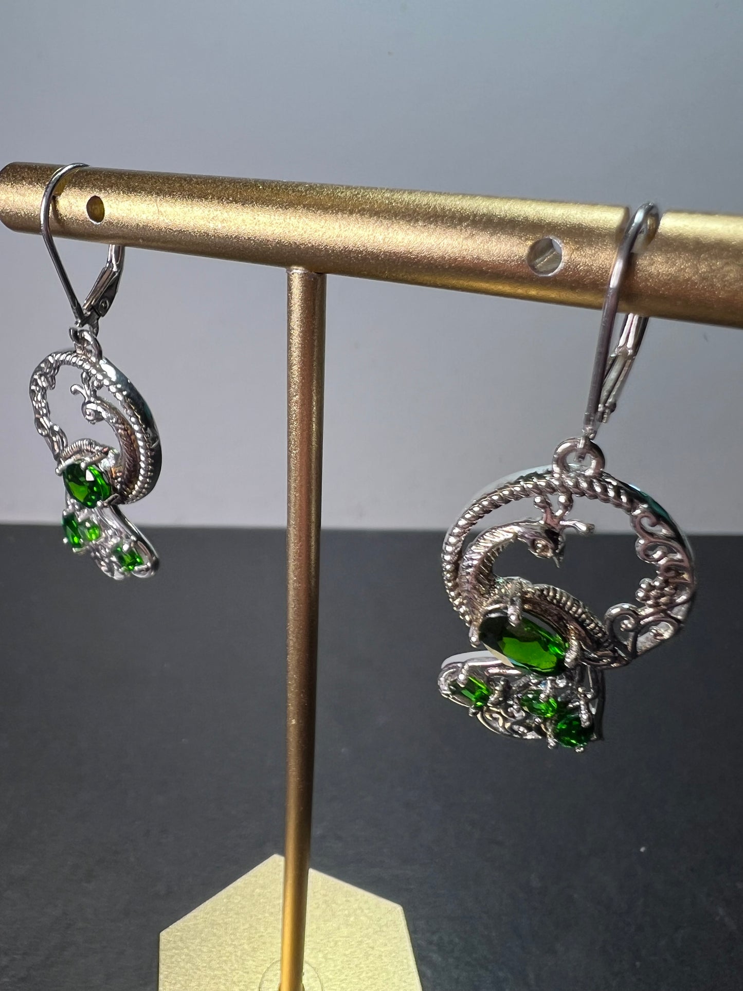 Chrome diopside sterling silver peacock dangle earrings