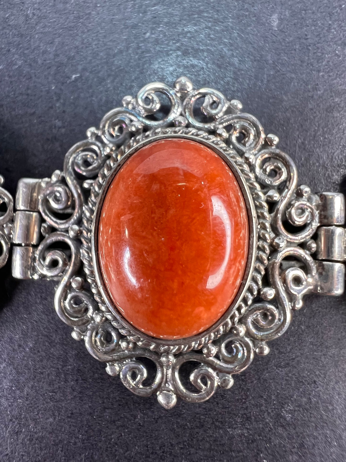 Red orange jade ornate sterling silver toggle bracelet