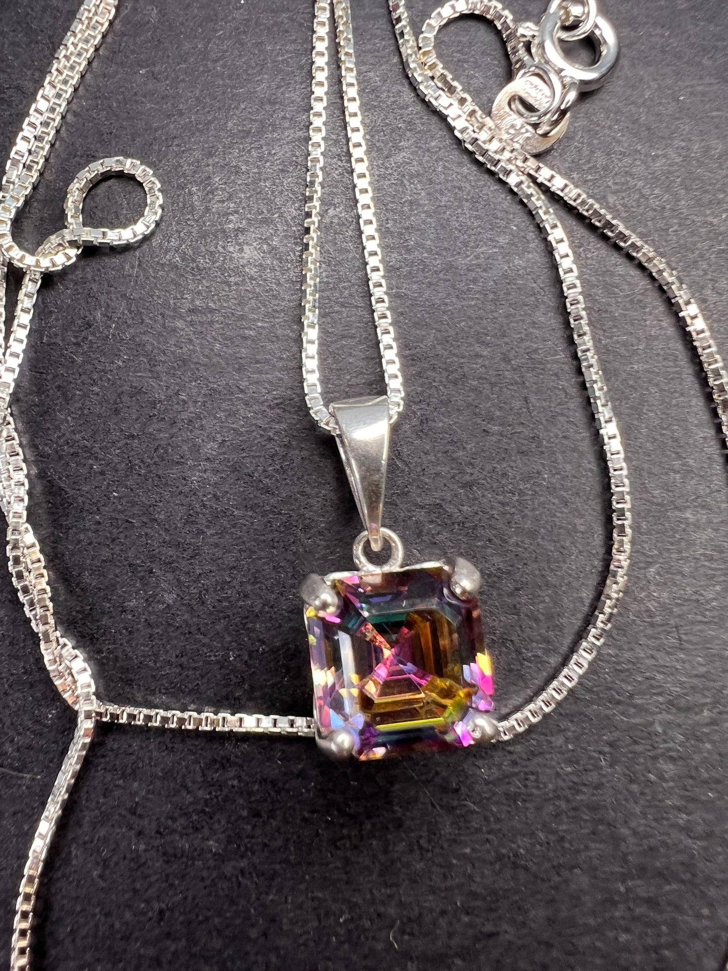 Mystic multi colored quartz gem pendant in sterling silver with chain