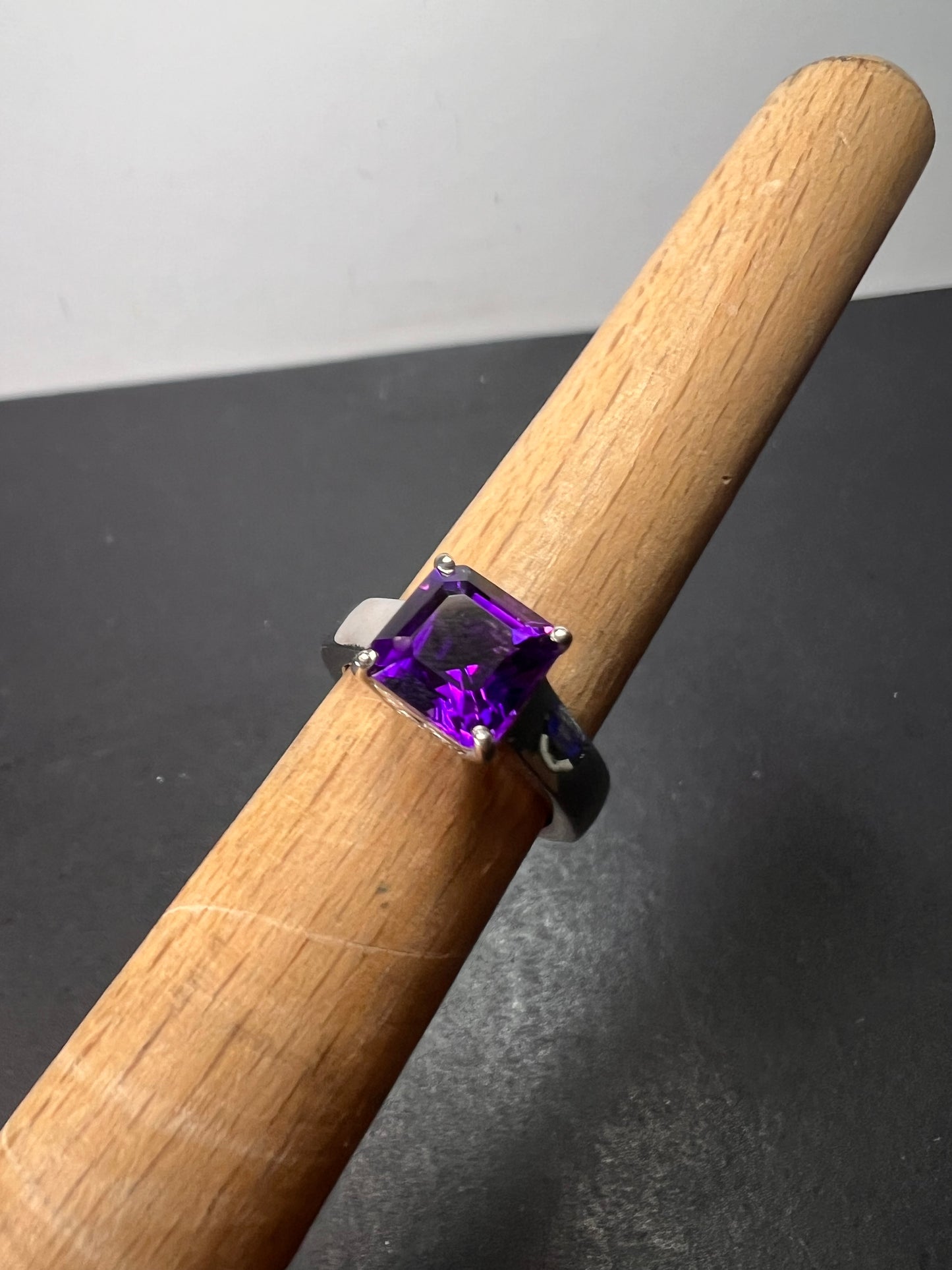 Asscher cut Moroccan amethyst solitaire ring in platinum over sterling silver size 5 *NEW*