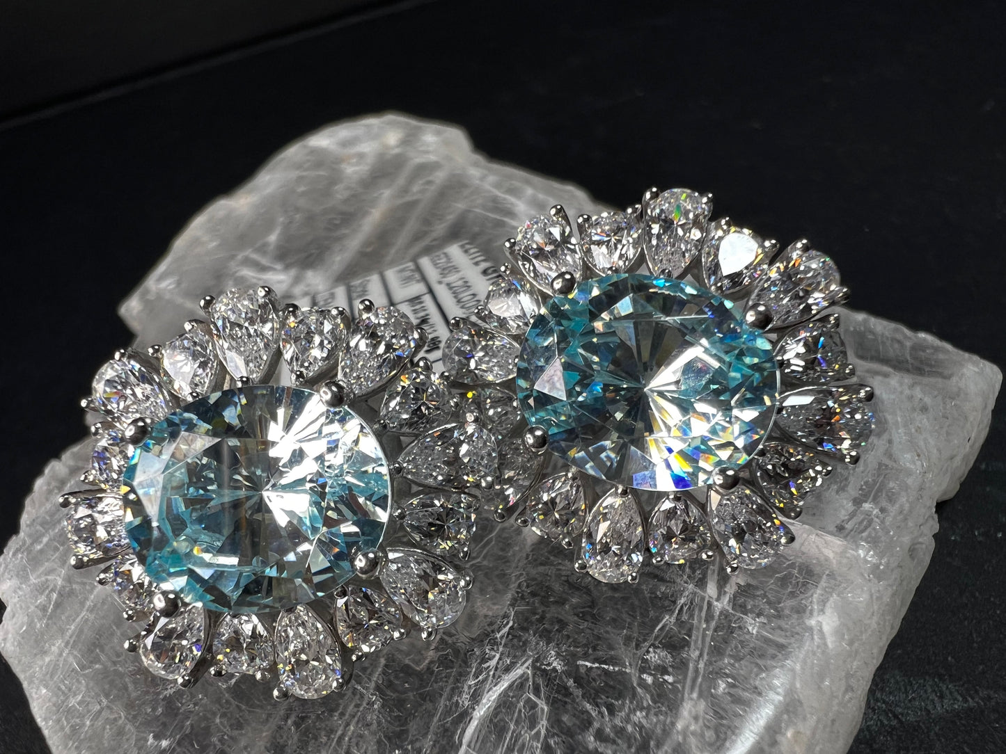 Sterling Silver Aqua CZ Halo Omega Back Earrings New w Tags