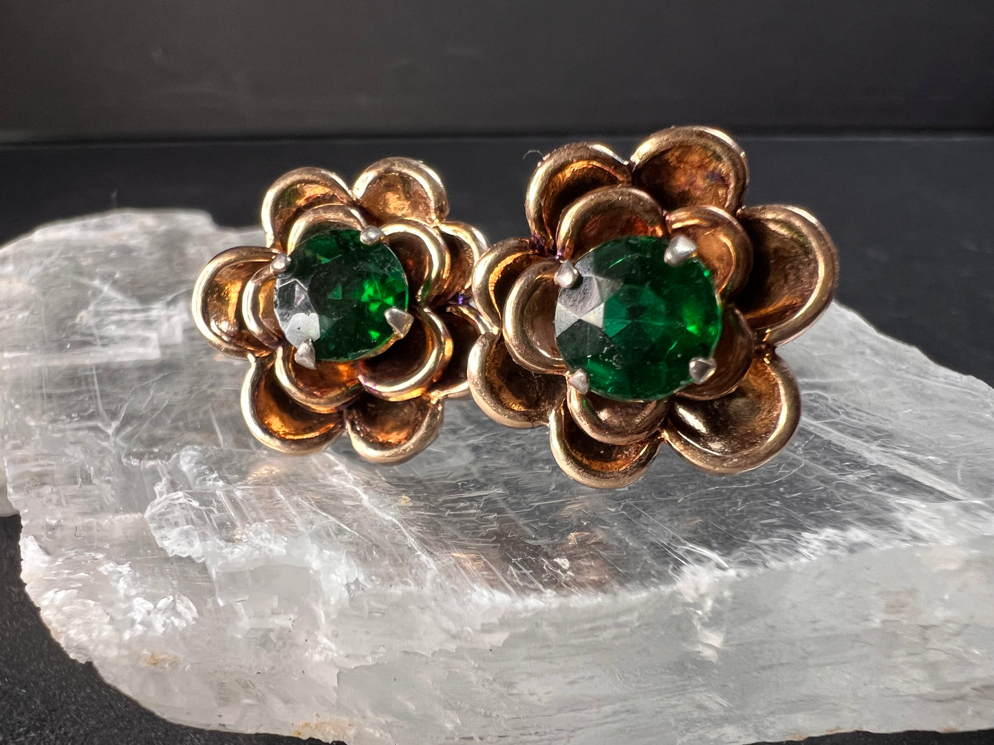 Vintage 1940s Vermeil Flower Screw Back Green Paste Earrings