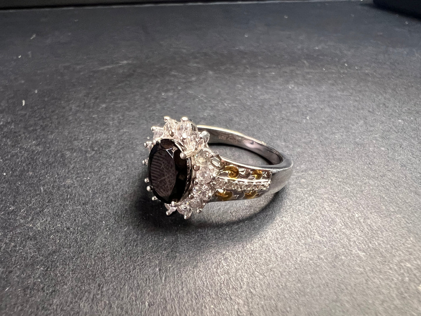 NEW Elite Shungite and zircon halo ring in vermeil and rhodium over sterling silver size 8