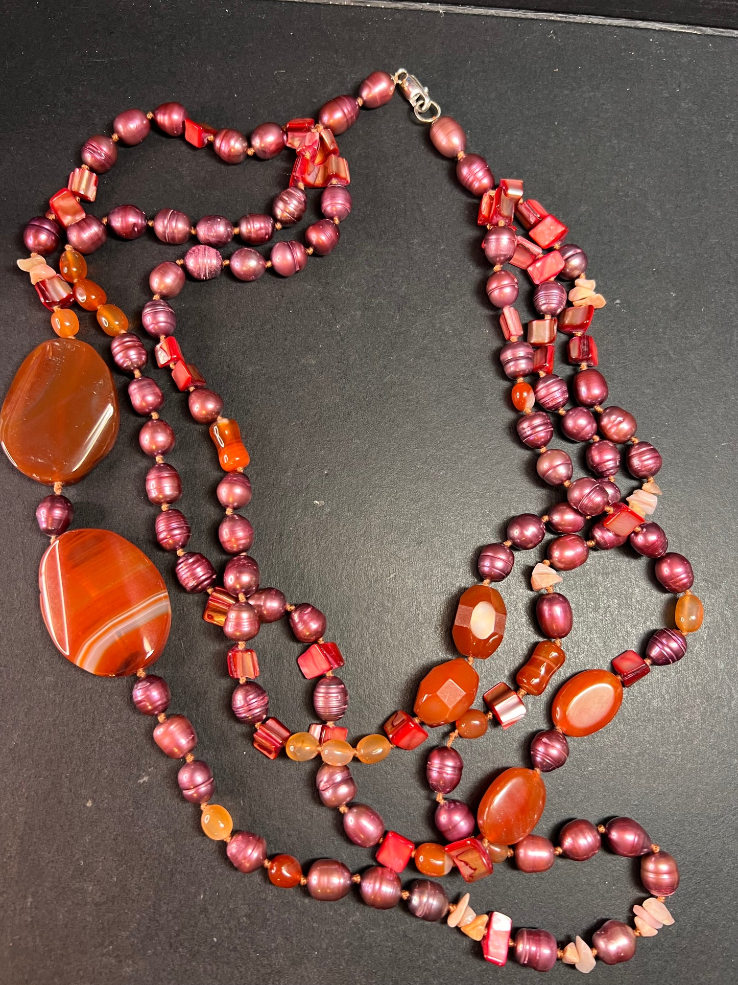 NEW carnelian and freshwater pearl multi strand necklace with sterling silver clasp