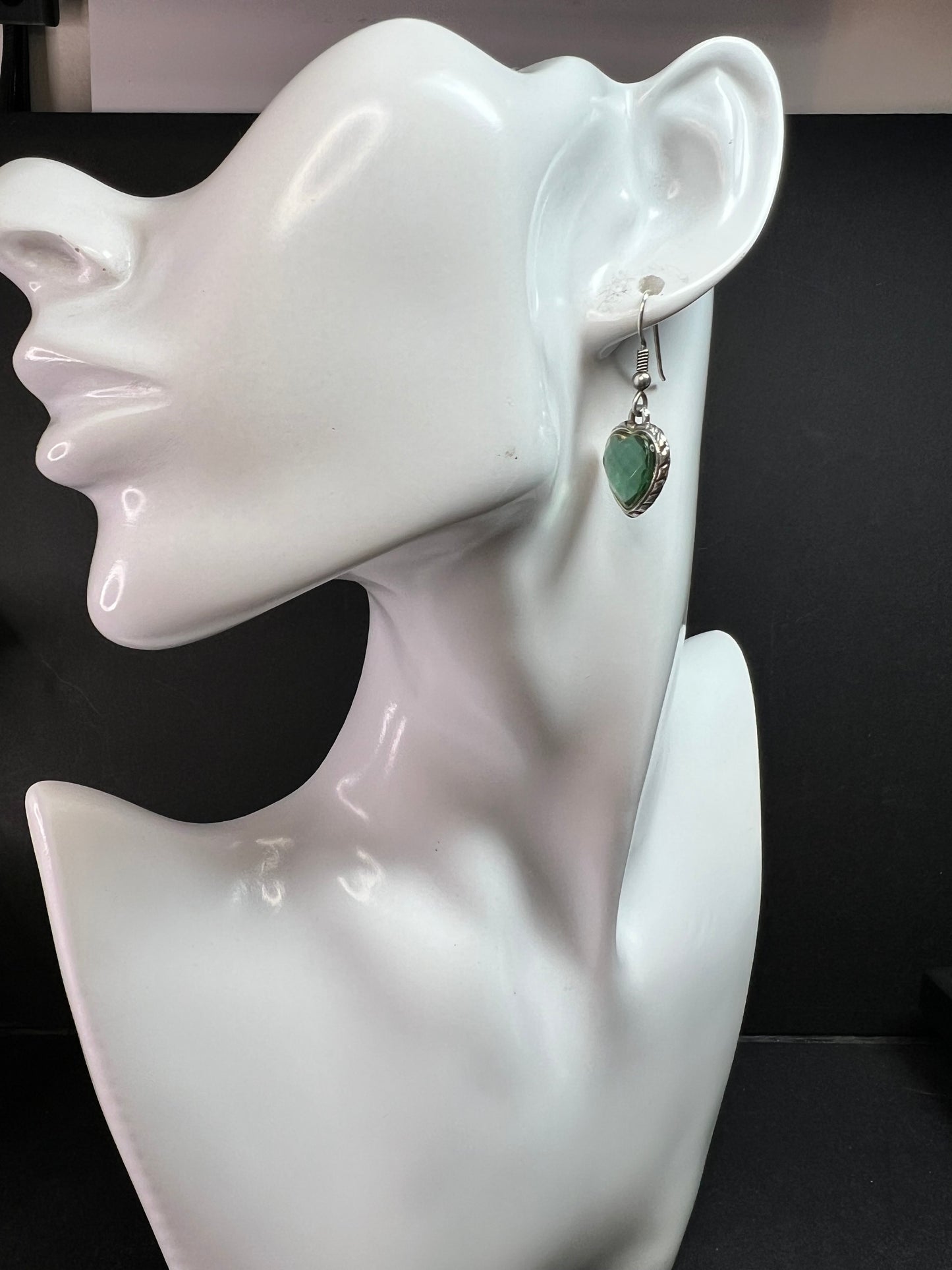 Vintage 90s Sterling Silver Green Glass Heart Earrings Gold Accent 925 Dangle