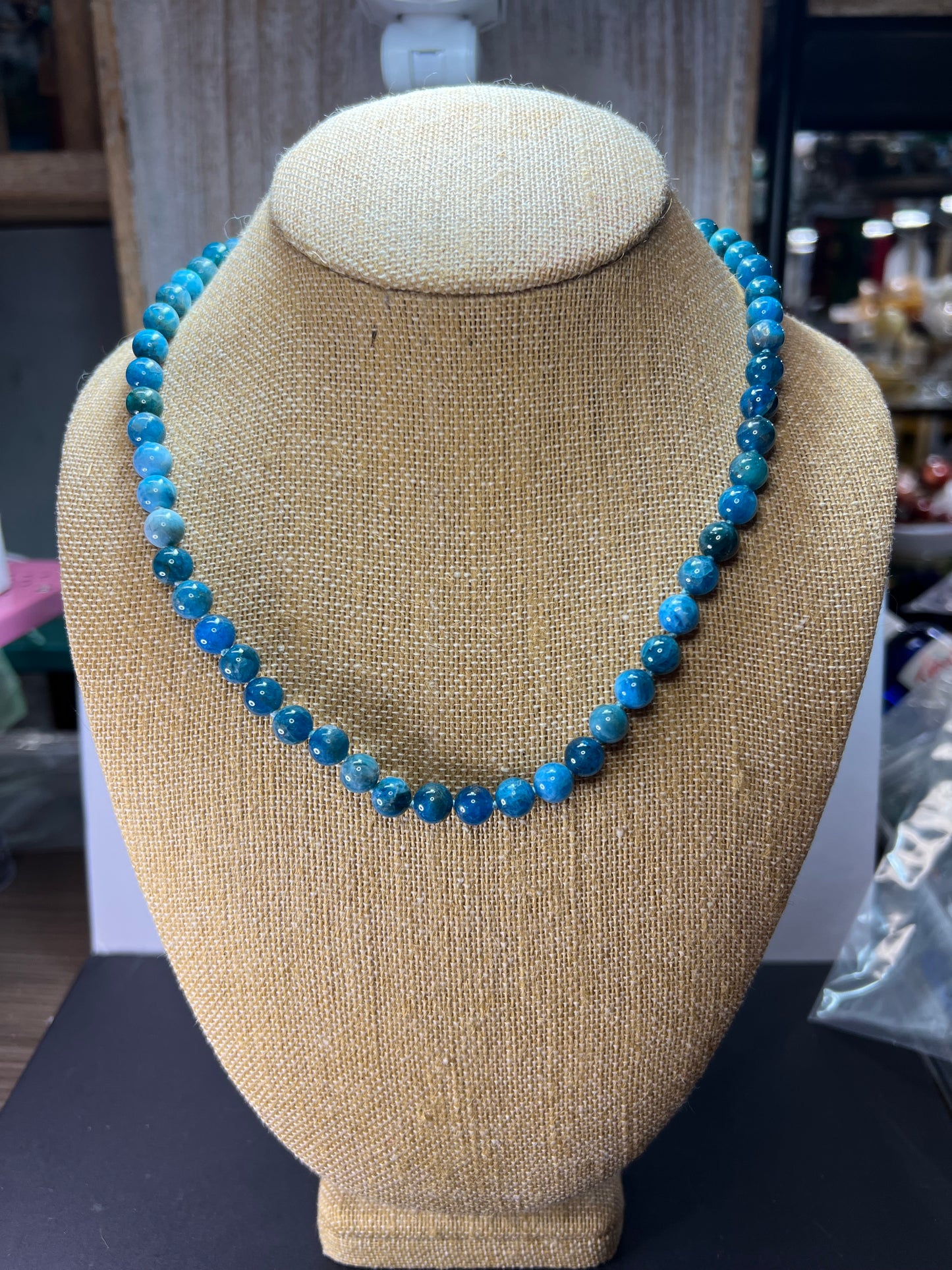 Blue apatite 8 mm knotted necklace