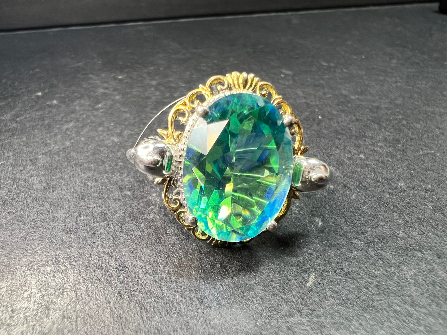 Sterling Silver Peacock Quartz Statement Ring Size 9