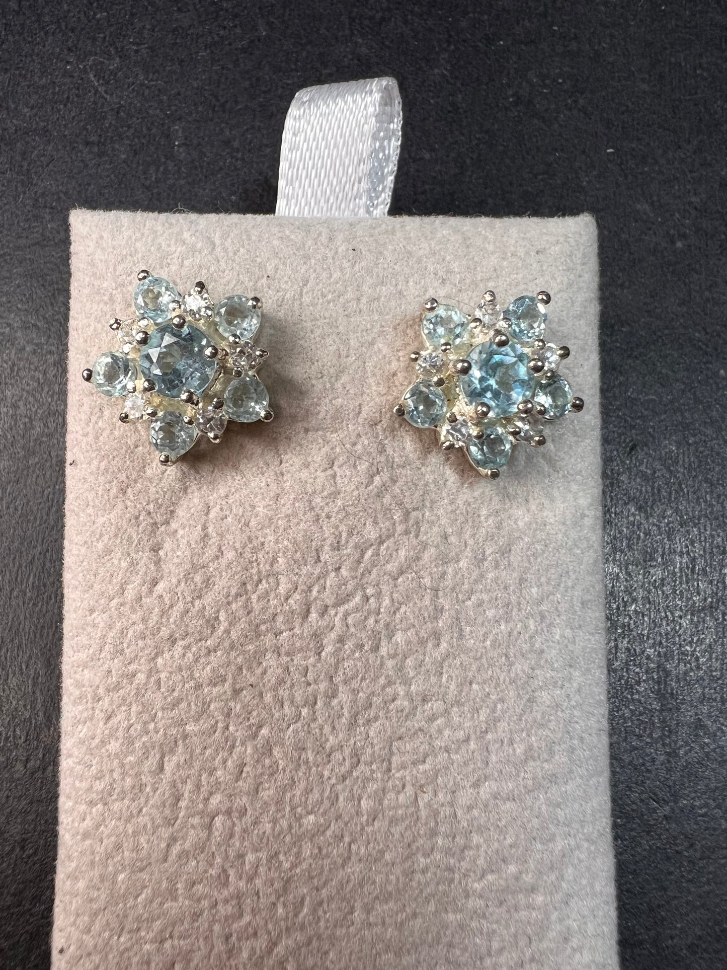 Vintage blue topaz and cz sterling silver snowflake stud earrings