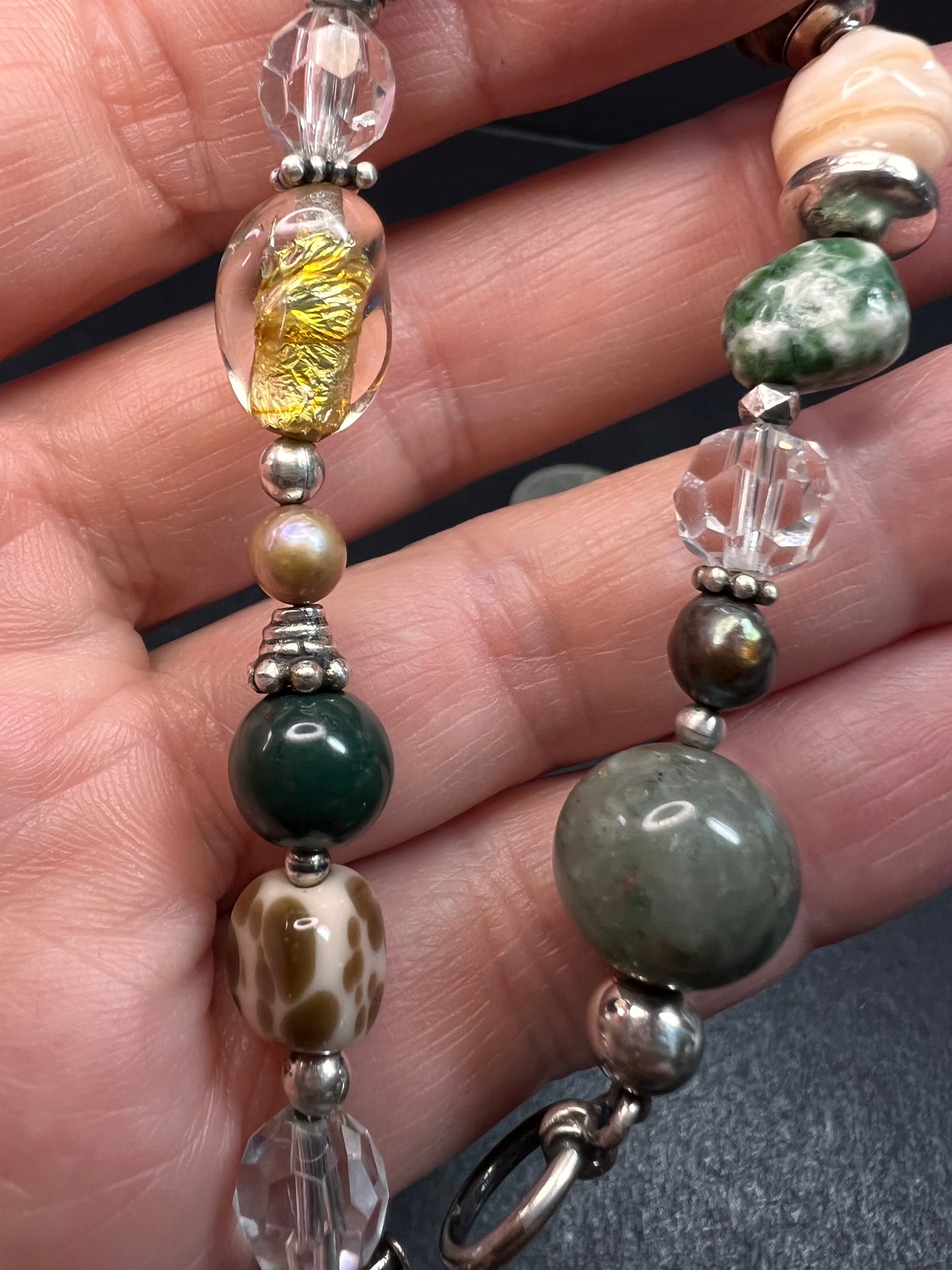 Vintage sterling silver, semi precious stones and glass toggle 8 inch bracelet