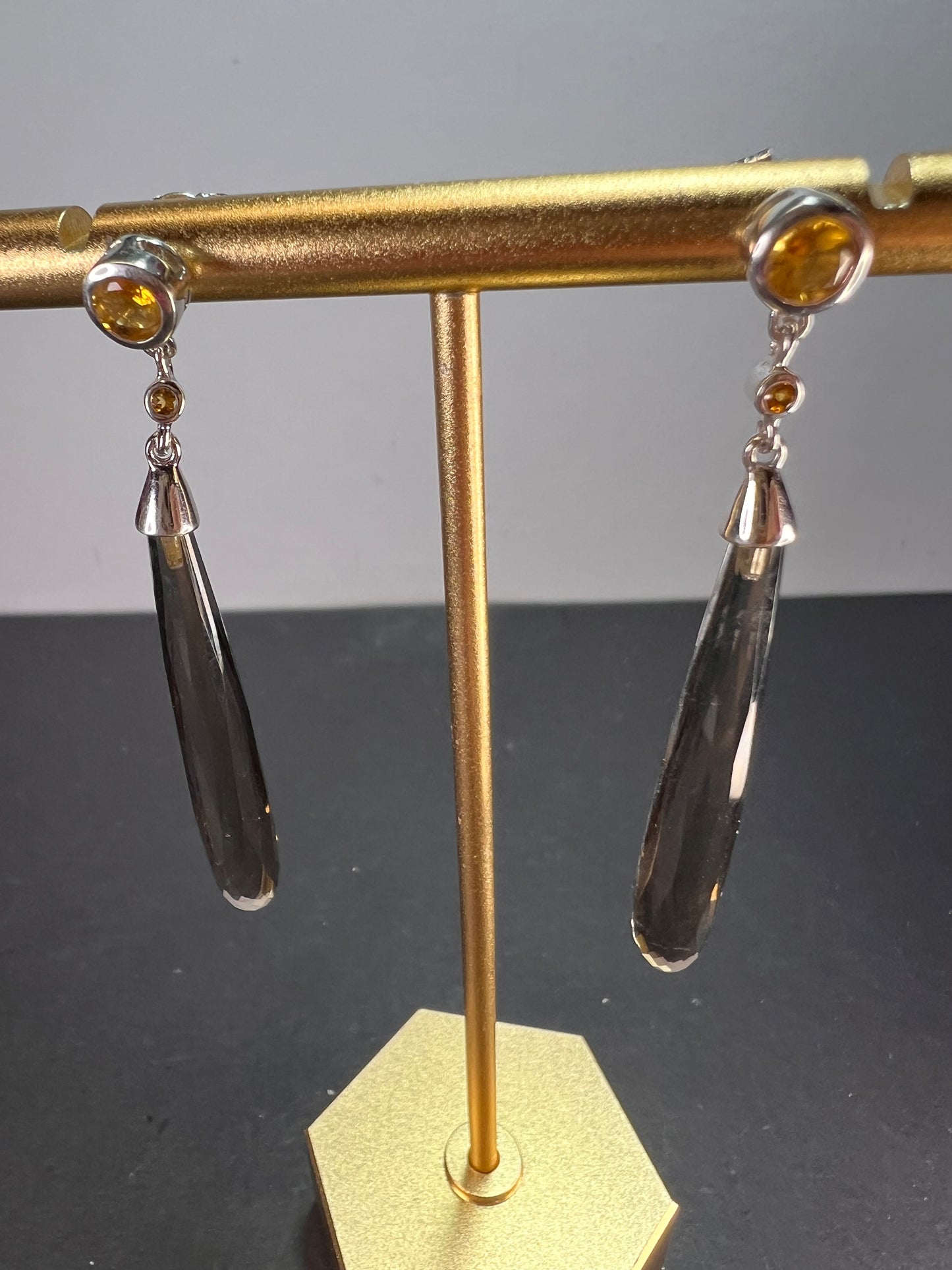 Smoky quartz and citrine sterling silver long dangle earrings