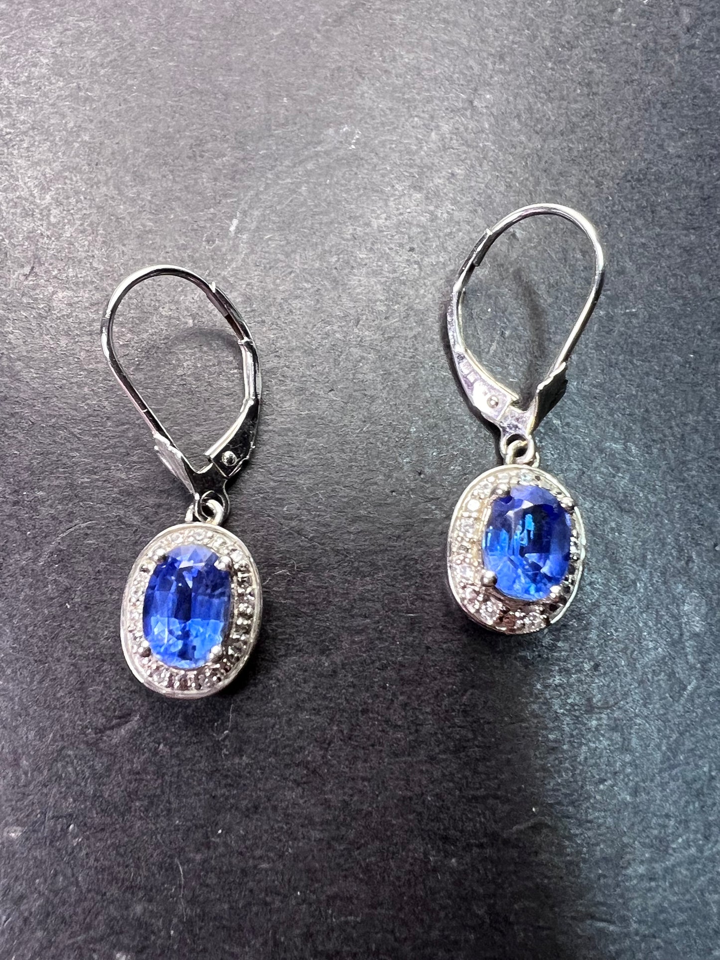 Blue kyanite sterling silver  lever back halo earrings