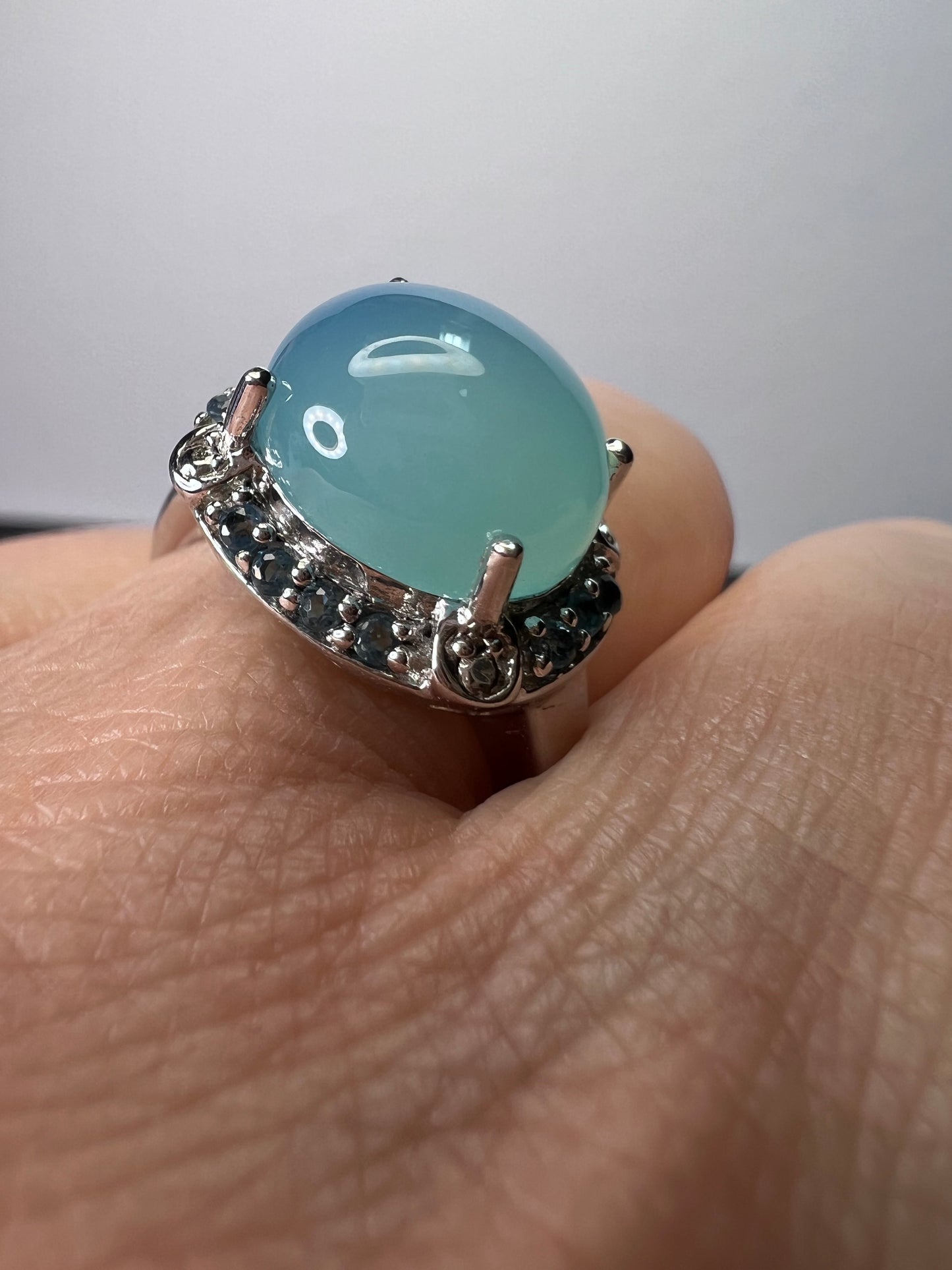 Aqua blue chalcedony blue topaz sterling silver halo ring size 7