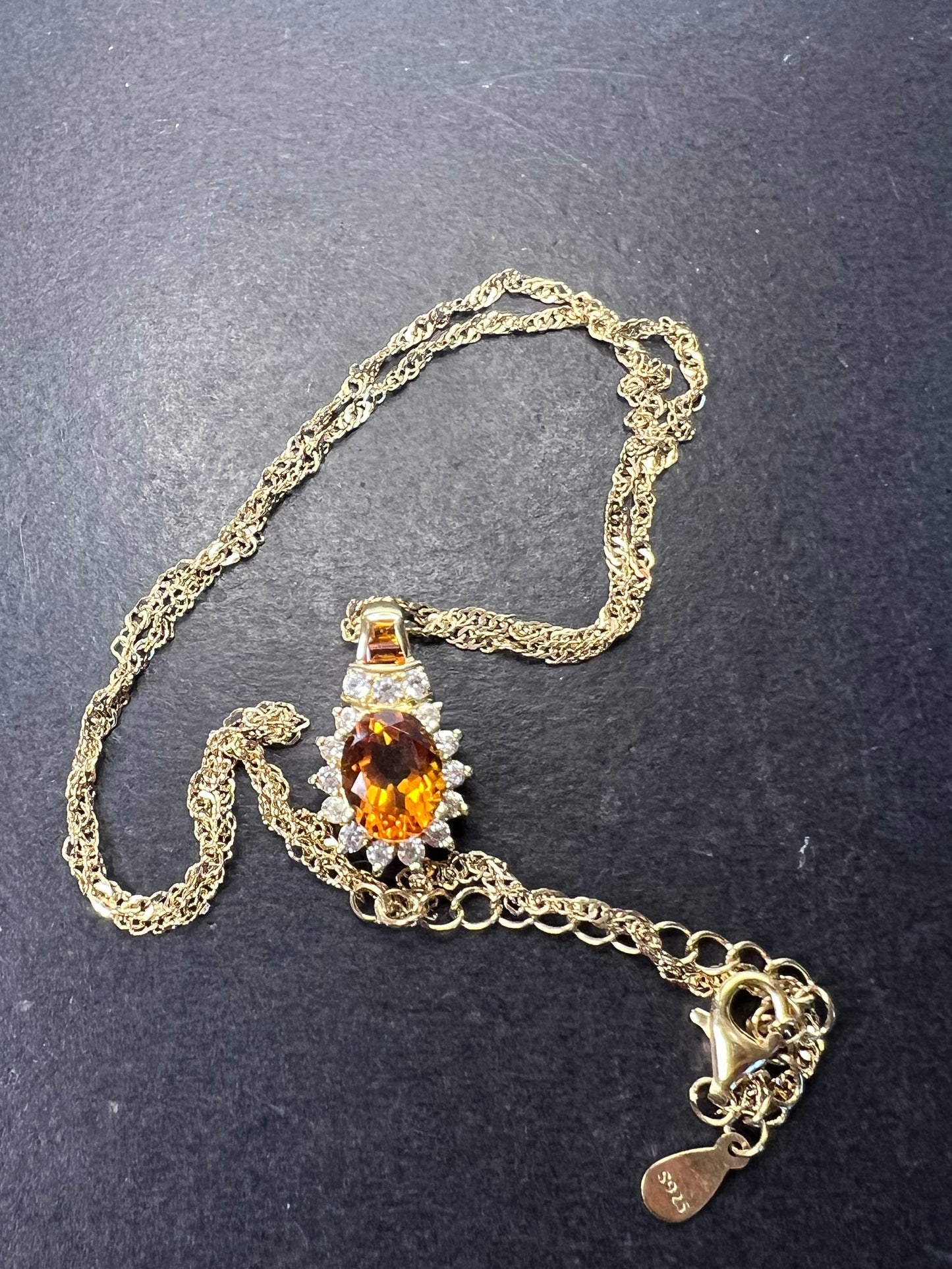 Mandarin citrine and white topaz halo pendant necklace in 14k gold over sterling silver