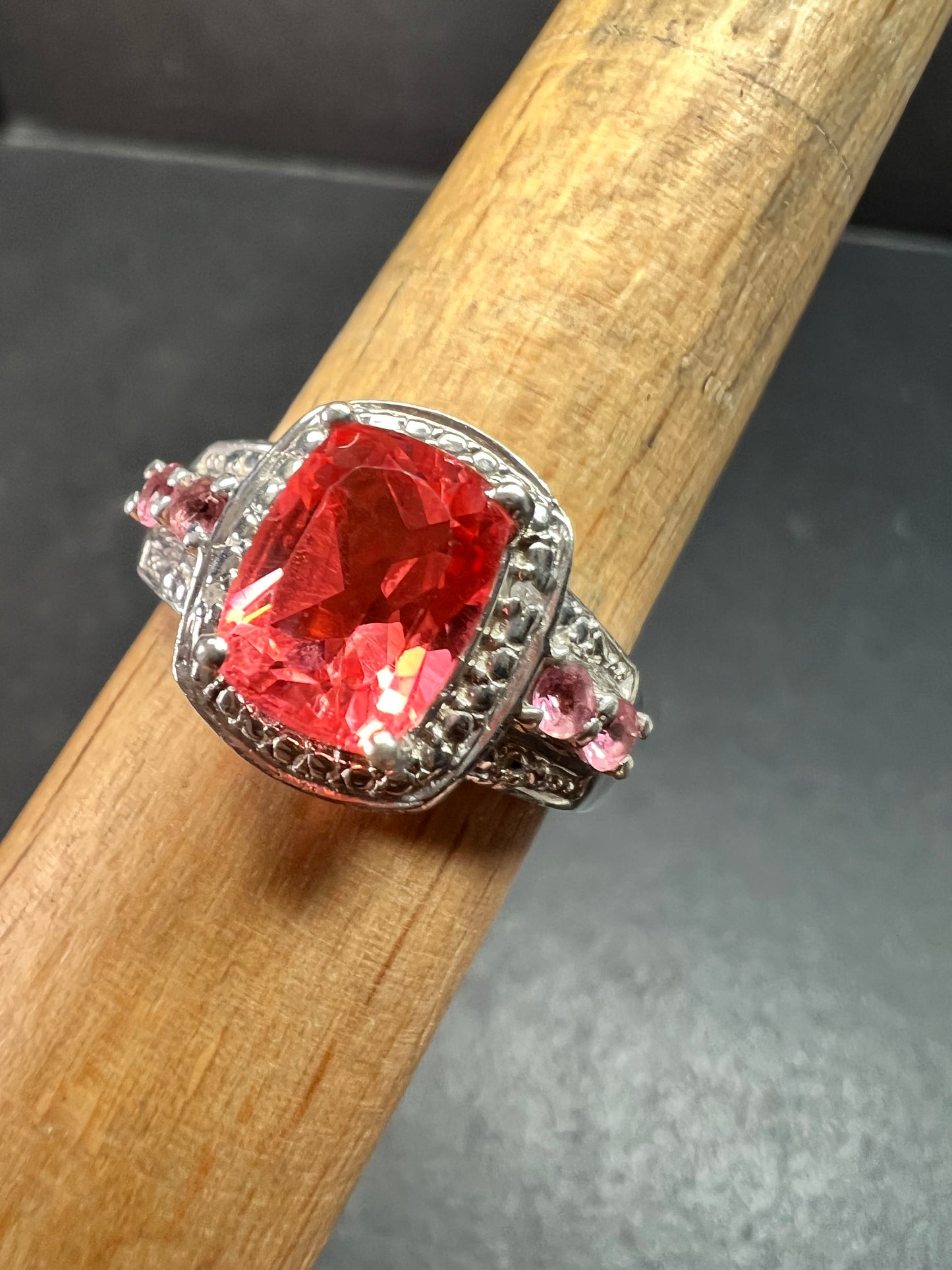 Sterling Silver Peach Red Quartz Doublet & Pink Tourmaline Ring 8.75