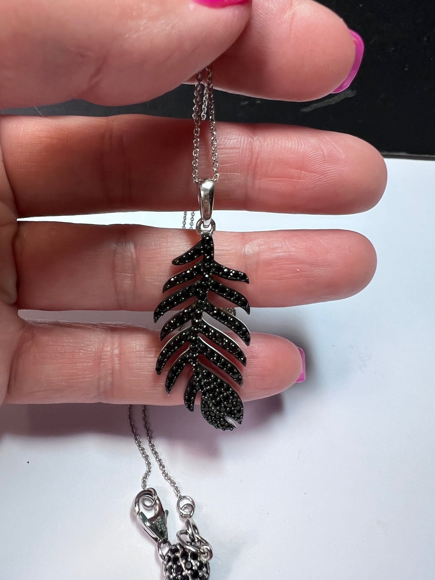 Black Spinel Sterling Silver Feather Pendant With 18 inch Chain