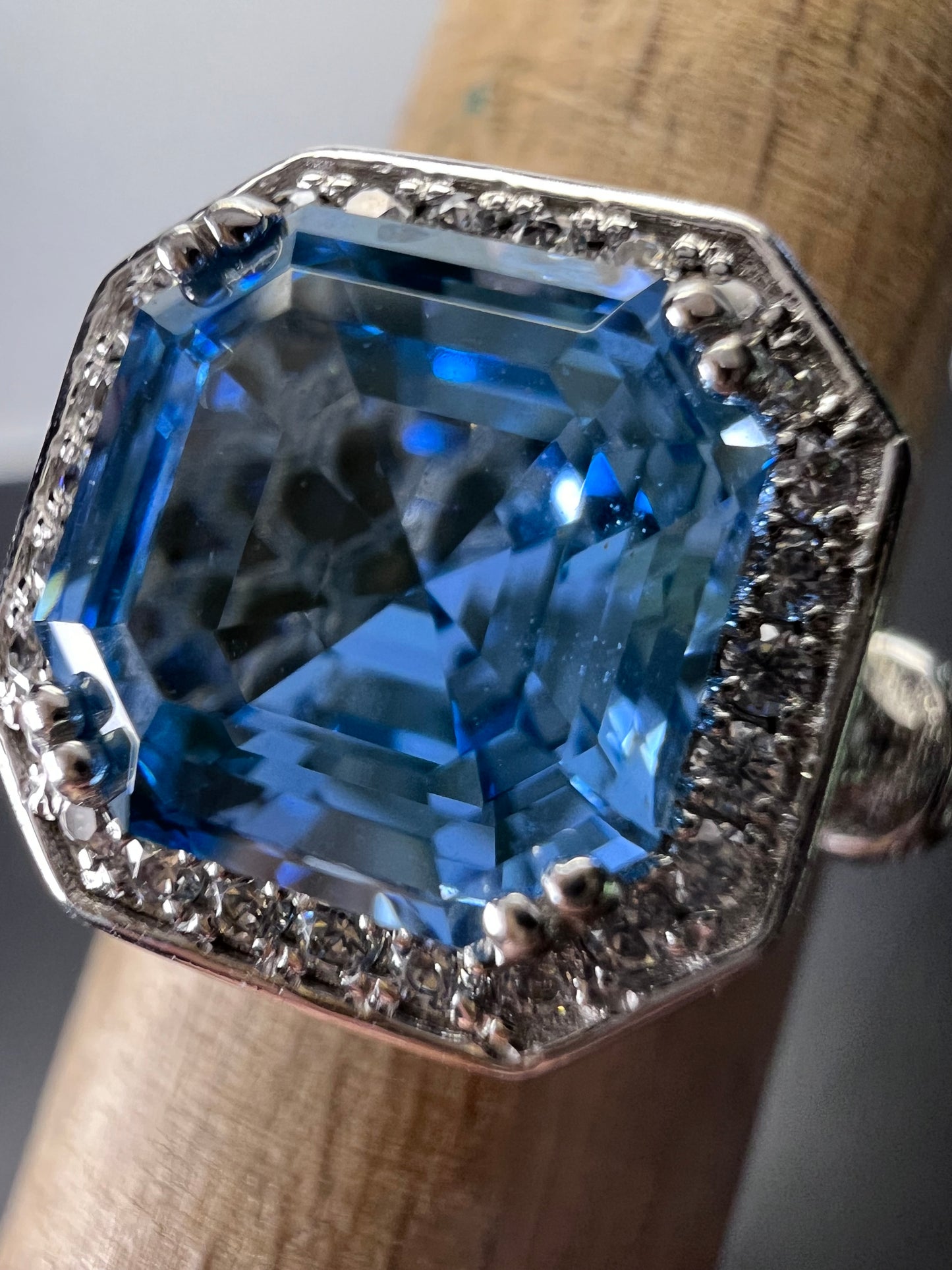 Blue zircon and CZ sterling silver cocktail ring size 7