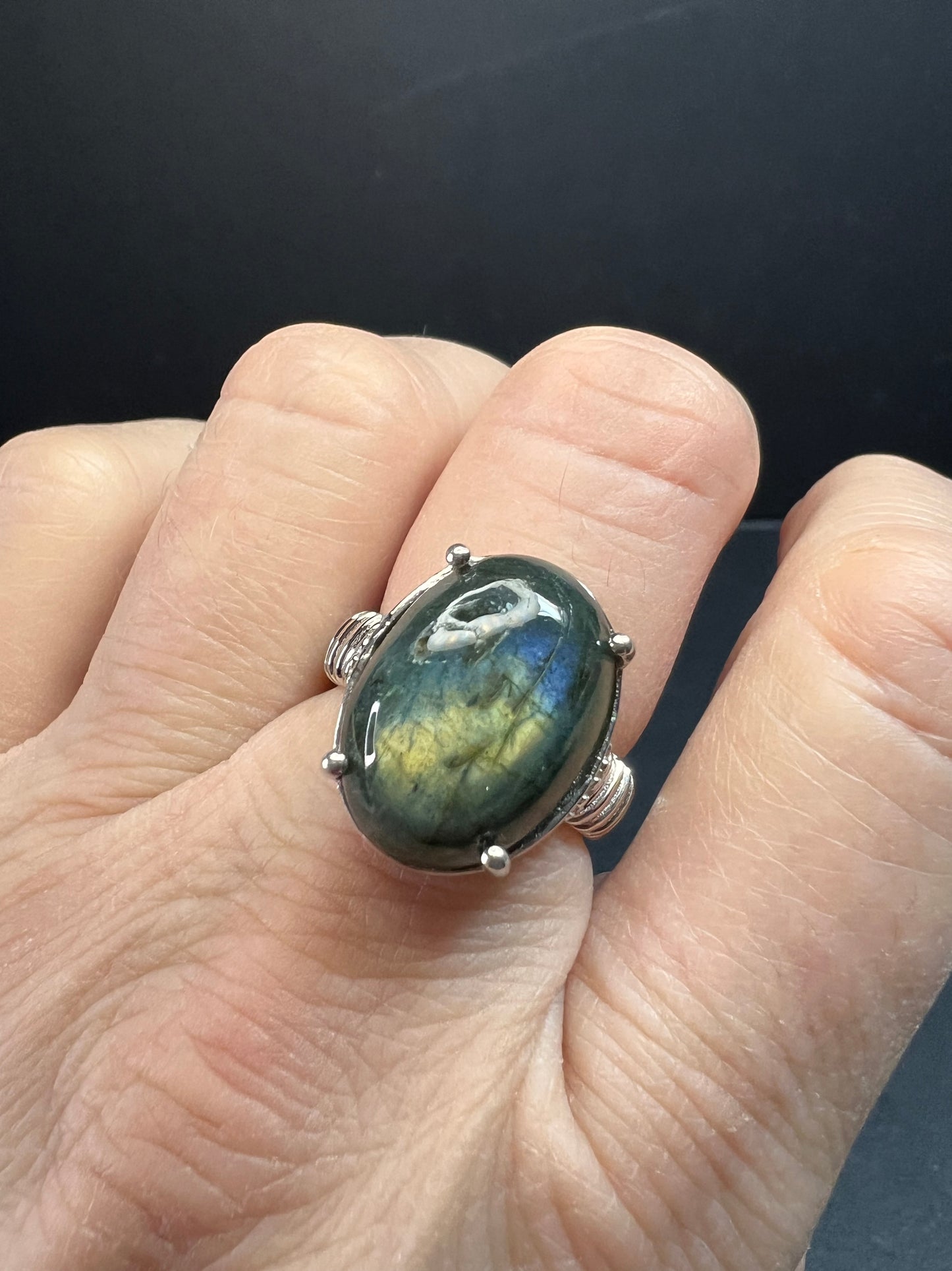 NEW labradorite ring in platinum over brass size 8