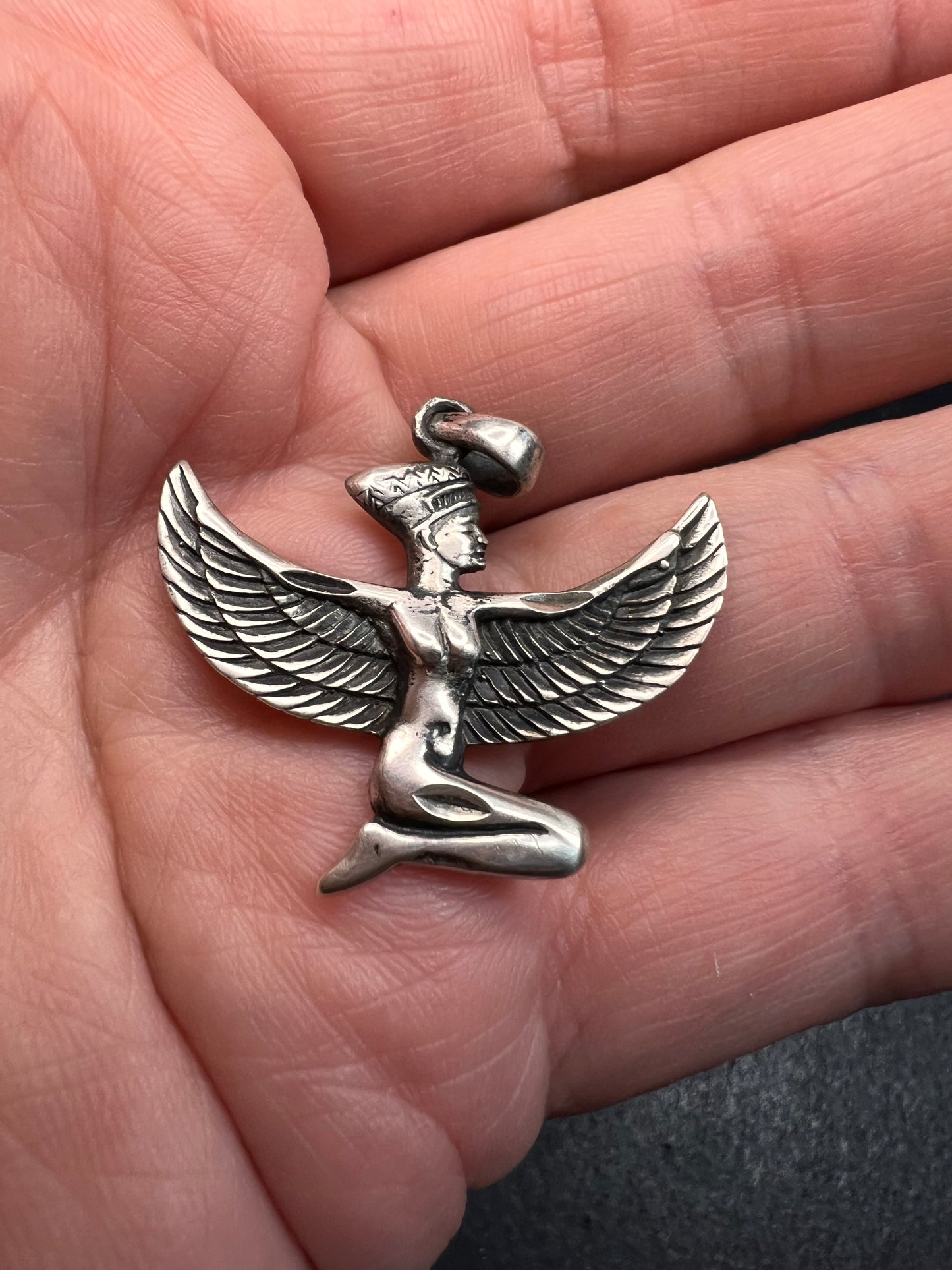 Vintage Sterling Silver Isis Goddess Pendant – Winged Egyptian Protection Amulet