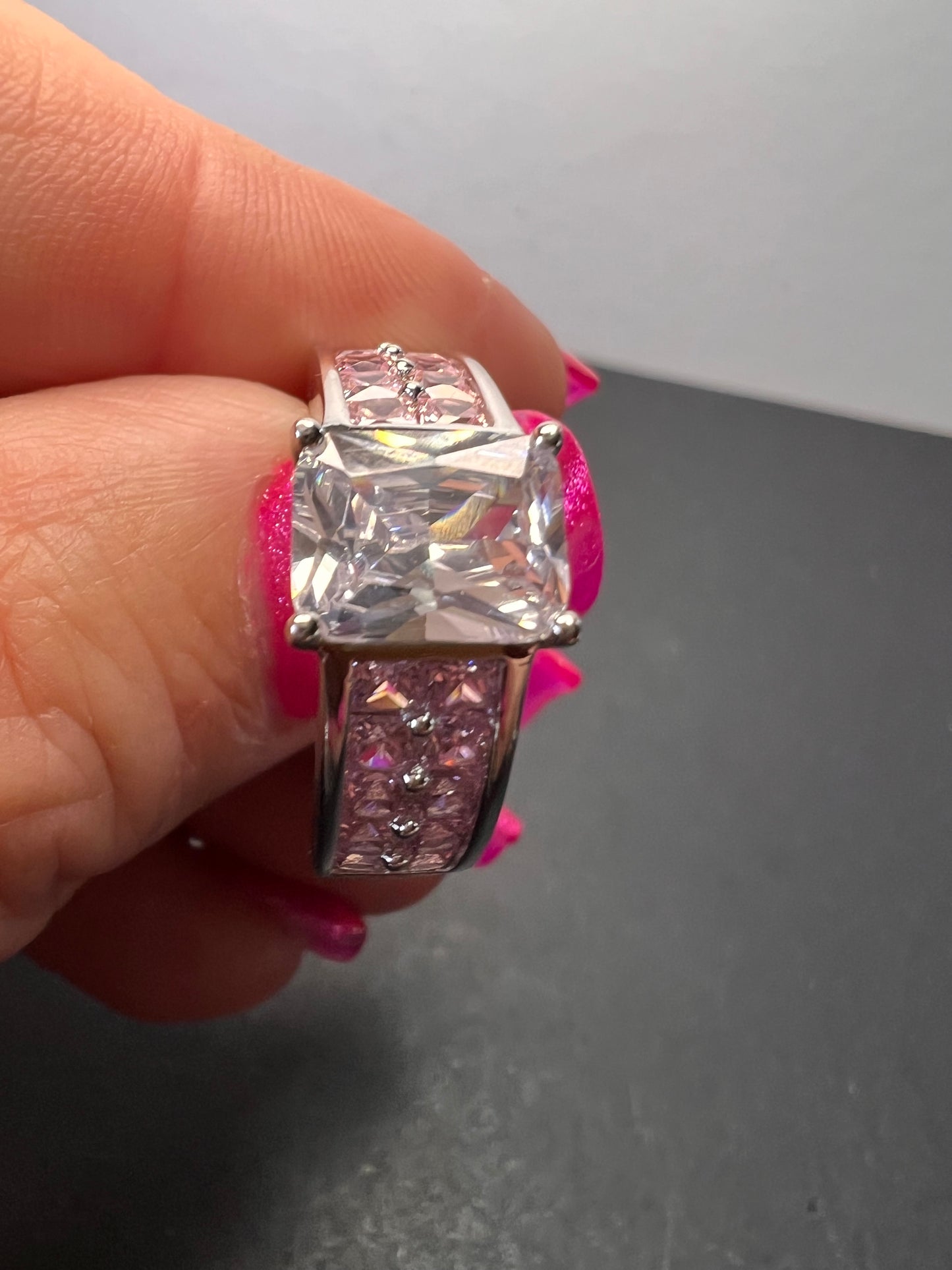 Pink and white CZ rhodium over sterling silver ring size 9