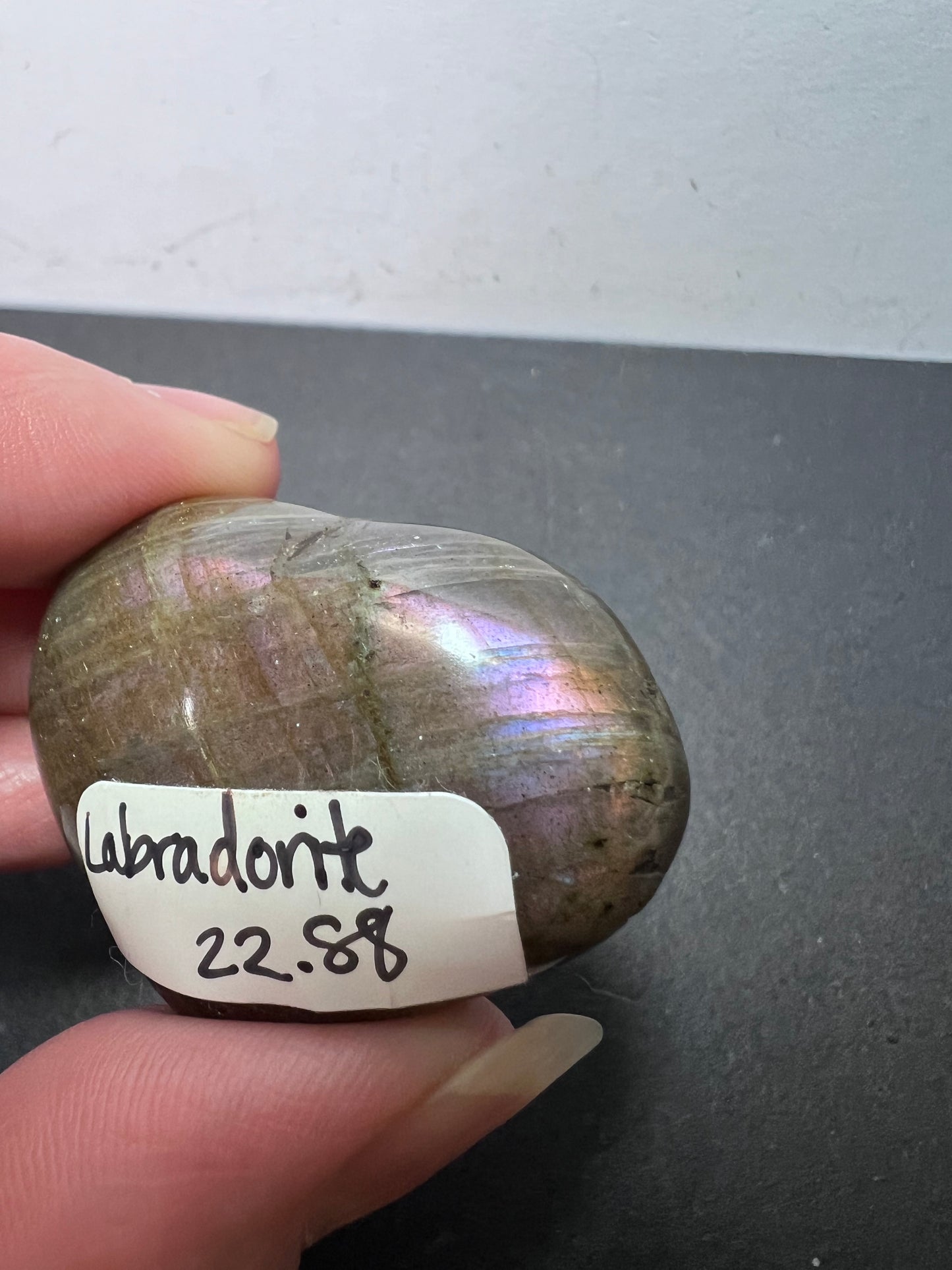 Labradorite heart with pink and purple flash