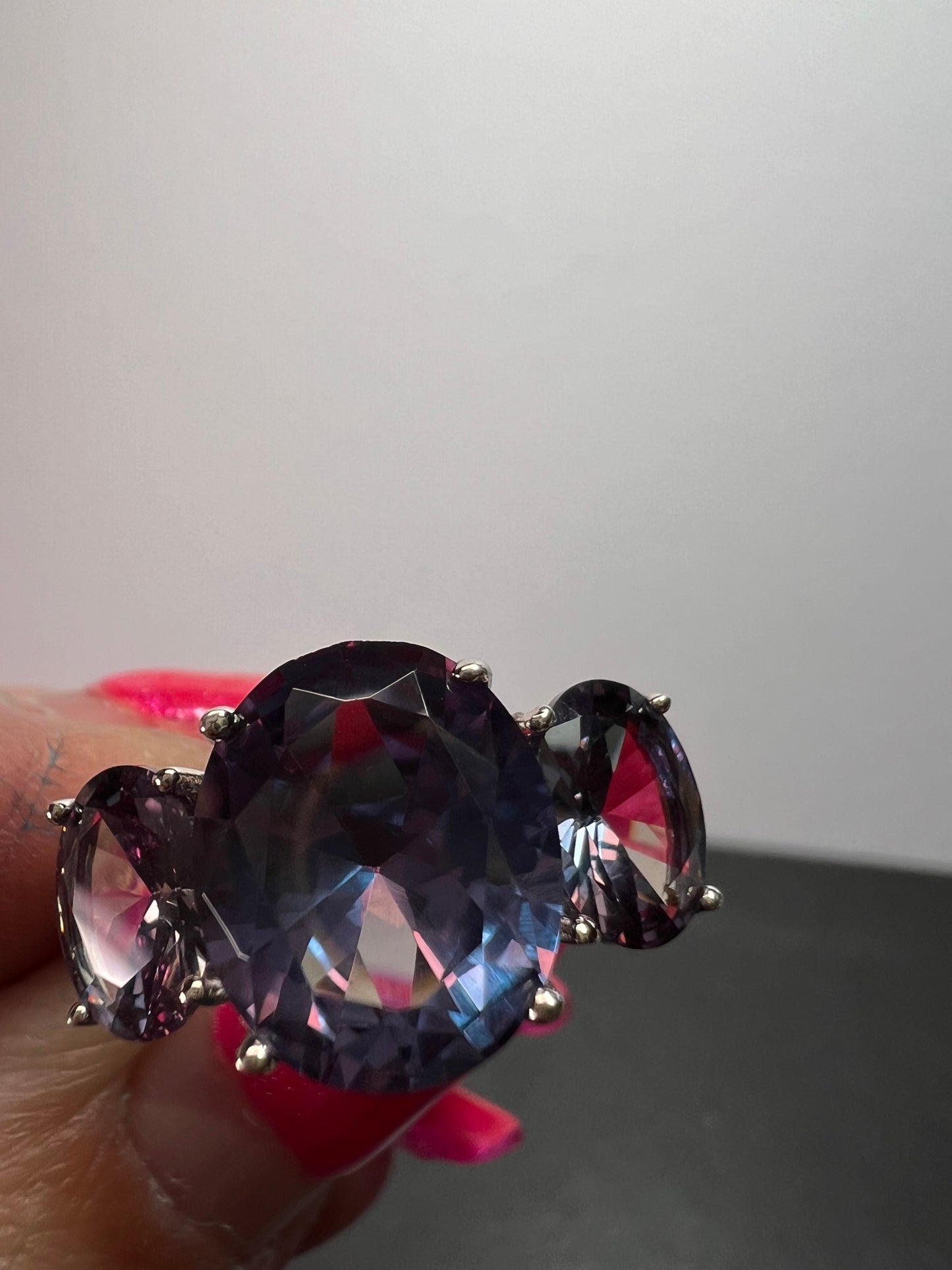 Lab created alexandrite trilogy ring in rhodium over sterling silver size 9