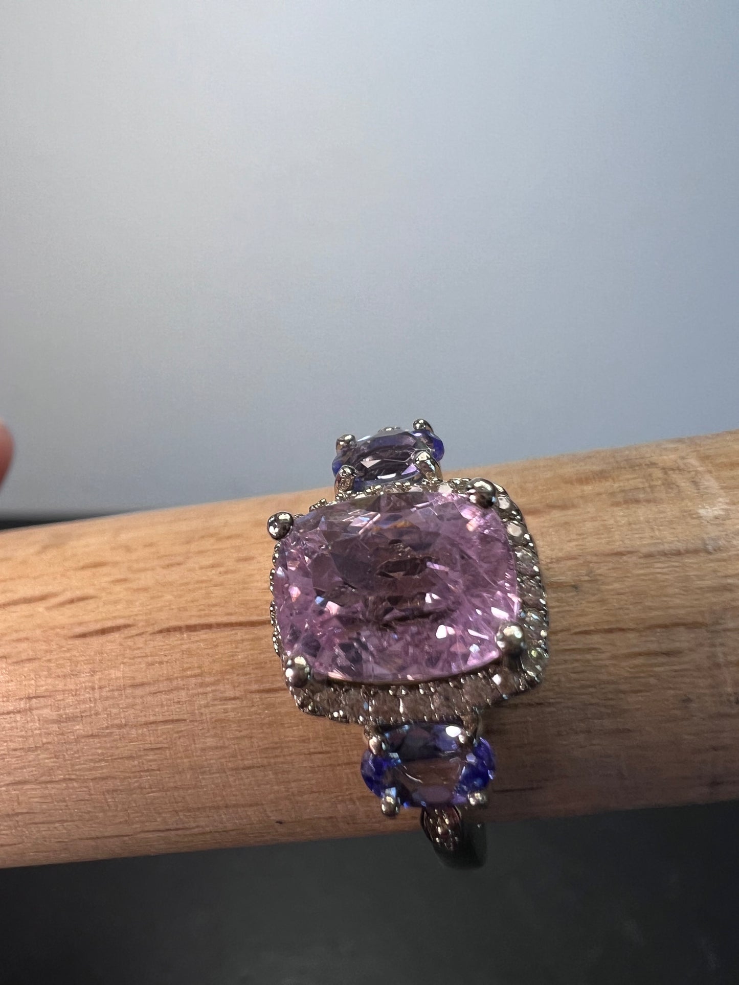 Kunzite, tanzanite and zircon halo ring size 9